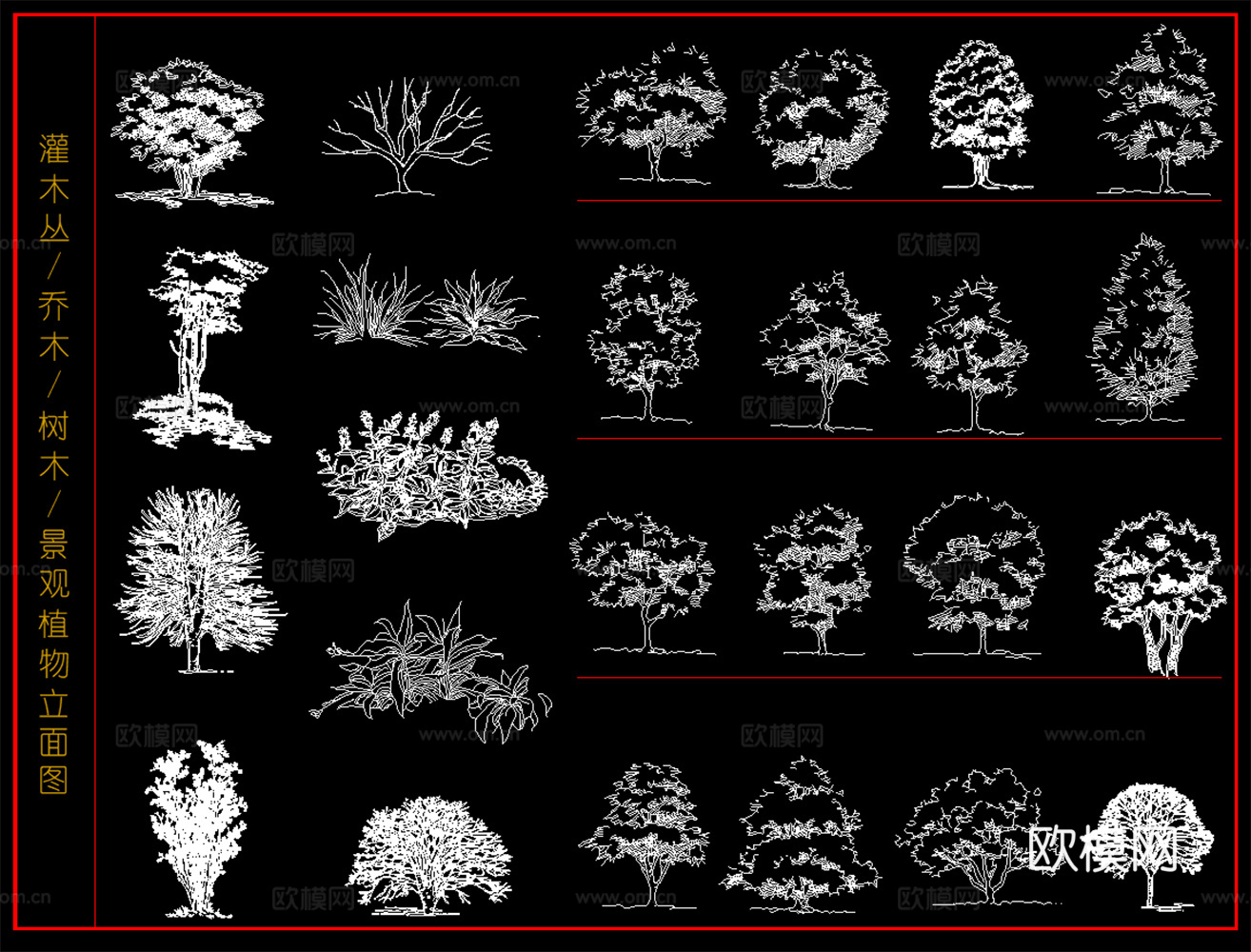乔木 树木 灌木丛  景观植物立面图cad施工图