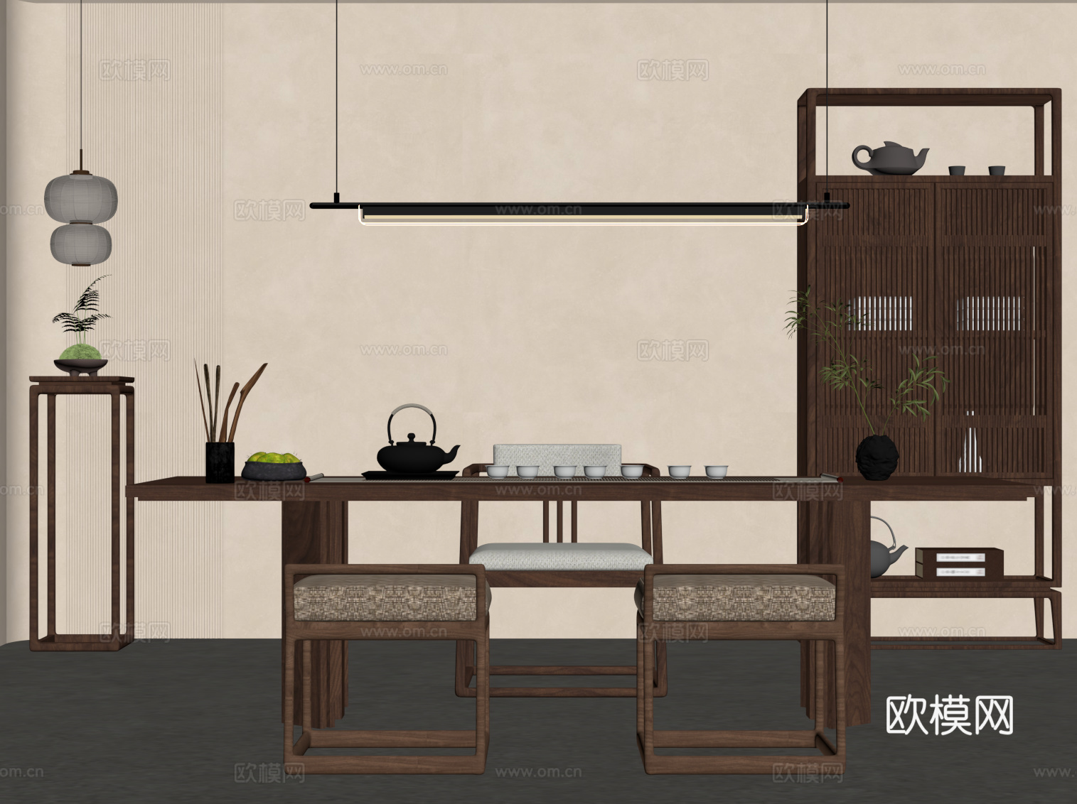 新中式茶室 茶桌椅 博古架su模型