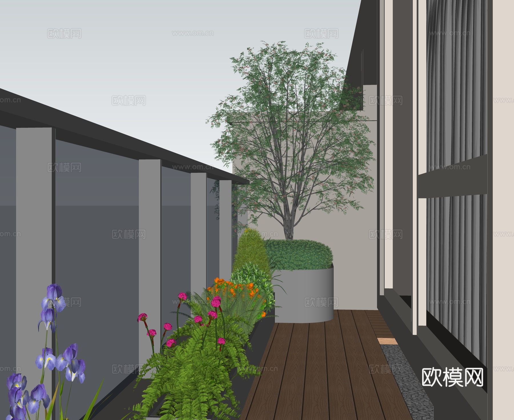 现代露台 屋顶花园 异形花箱 南法花园植物种植 防腐木台阶踏su模型