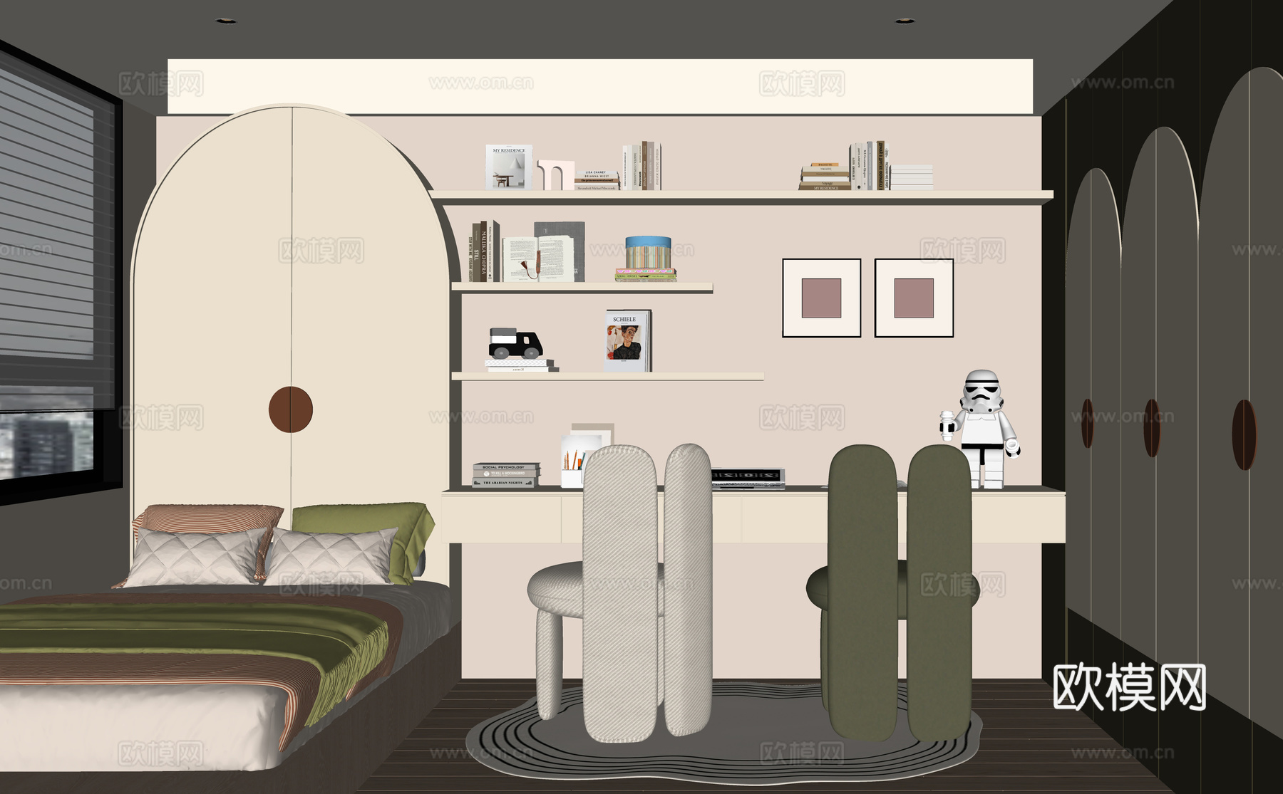 现代榻榻米卧室 儿童房 榻榻米床su模型