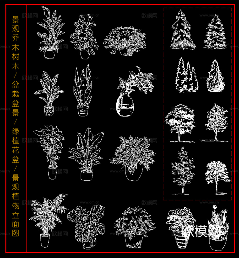 景观乔木树木 盆栽盆景  绿植花盆 植物立面图cad施工图