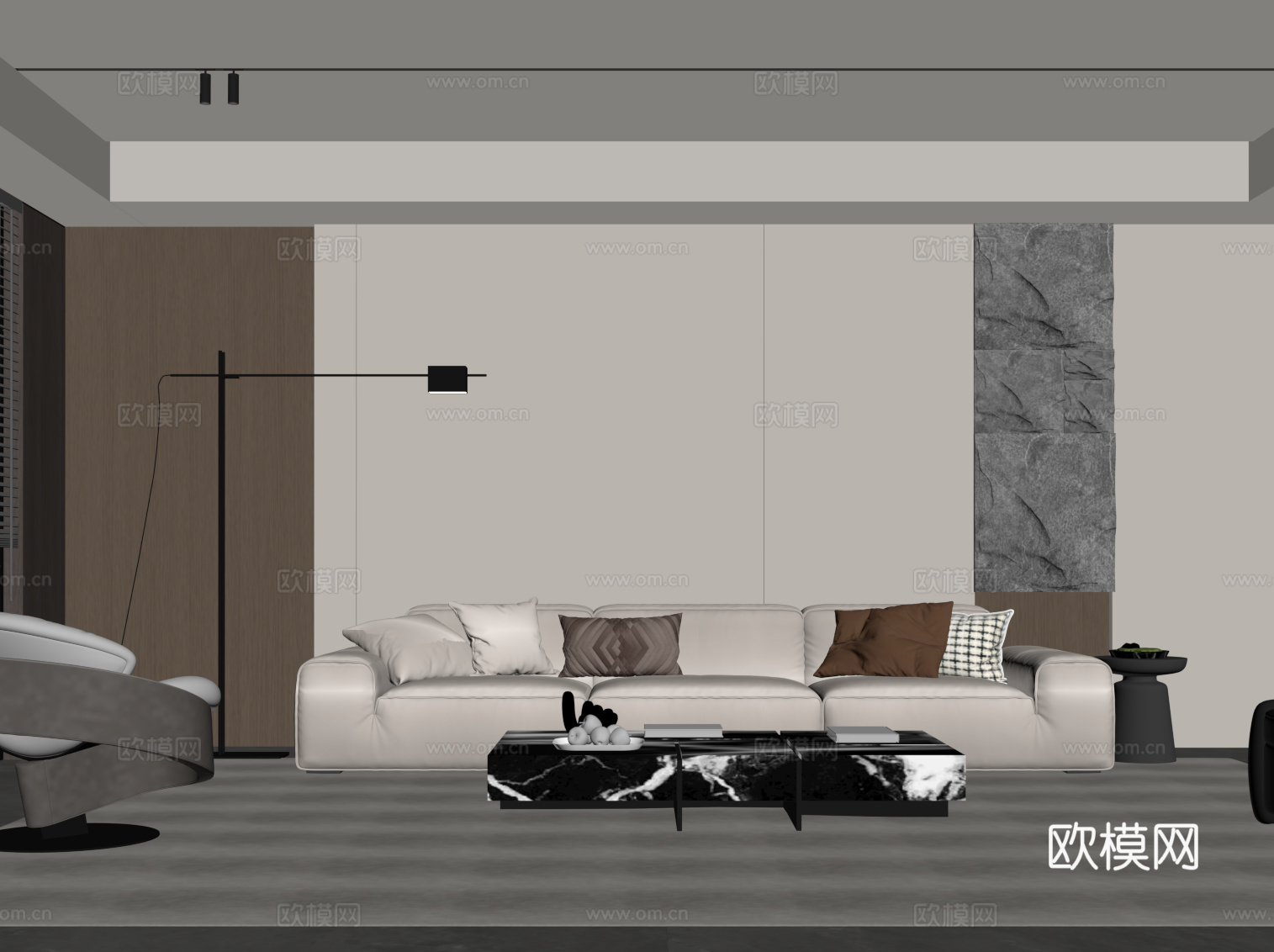 现代意式客厅 沙发背景墙 沙发茶几组合su模型