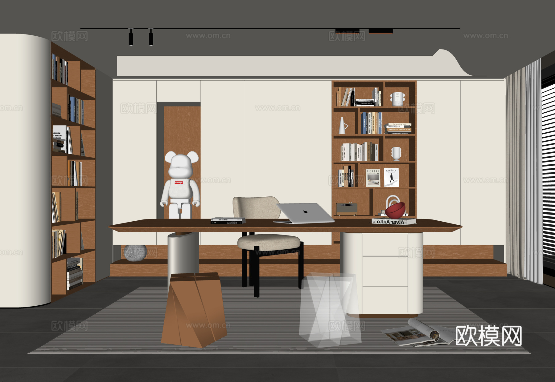 现代书房 书桌椅 书柜 凳子su模型