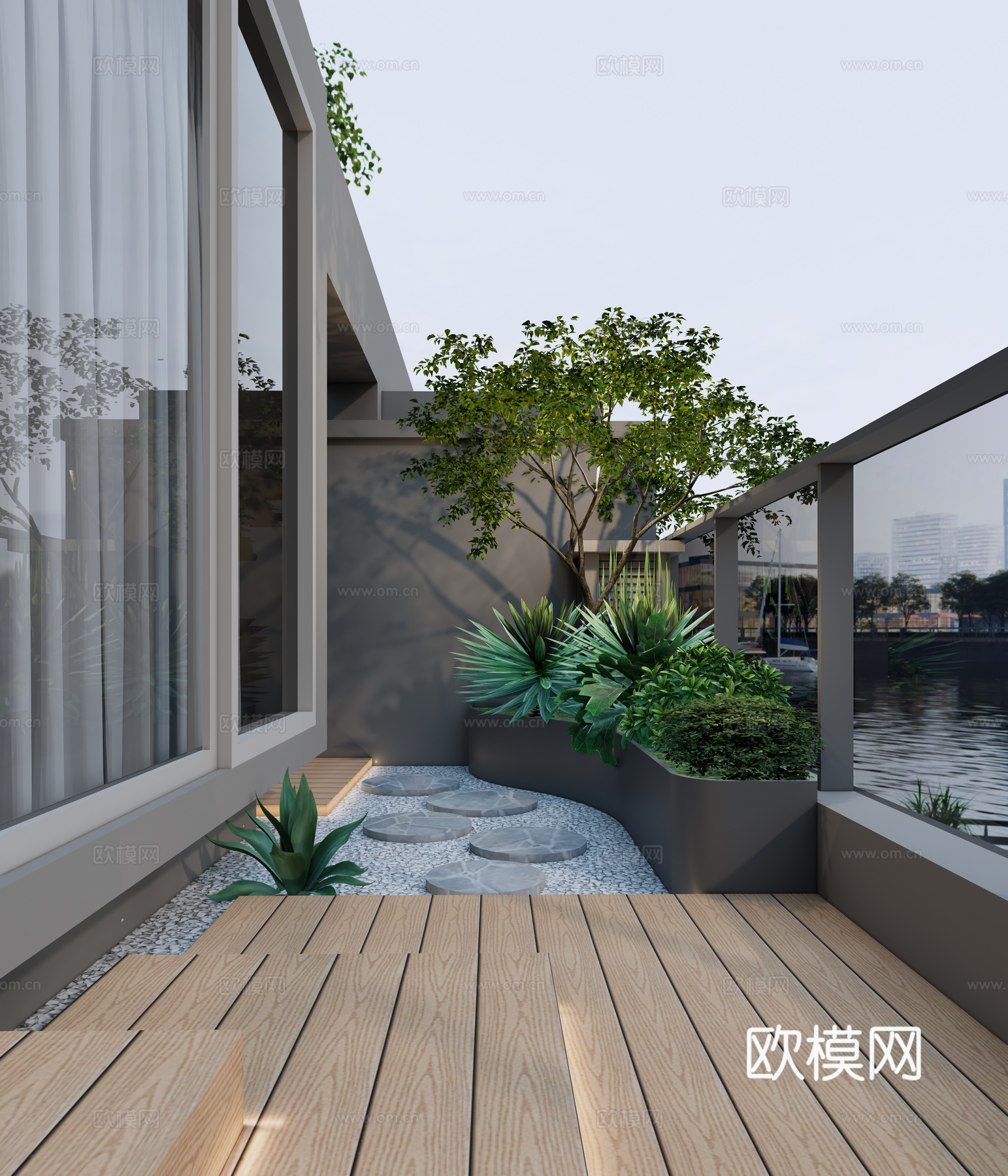 现代露台 屋顶花园 异形花箱 南法花园植物种植 防腐木台阶踏su模型