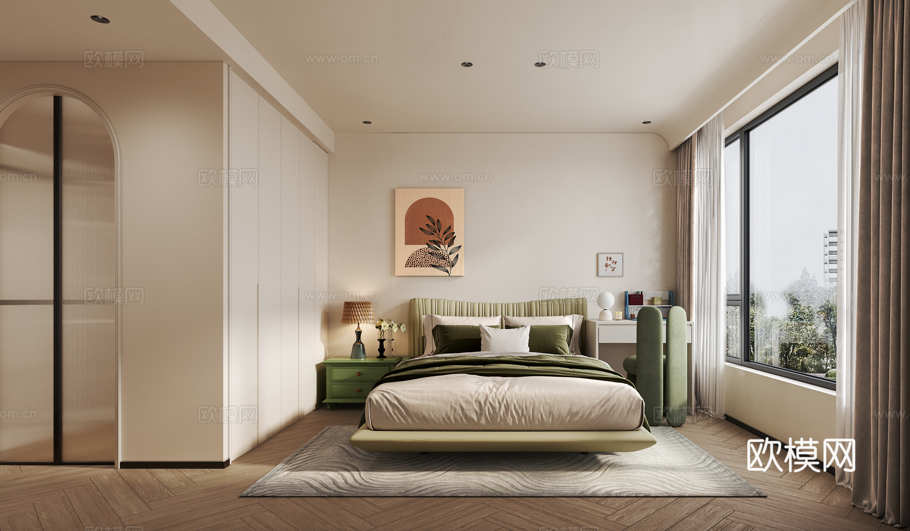现代奶油风卧室su模型