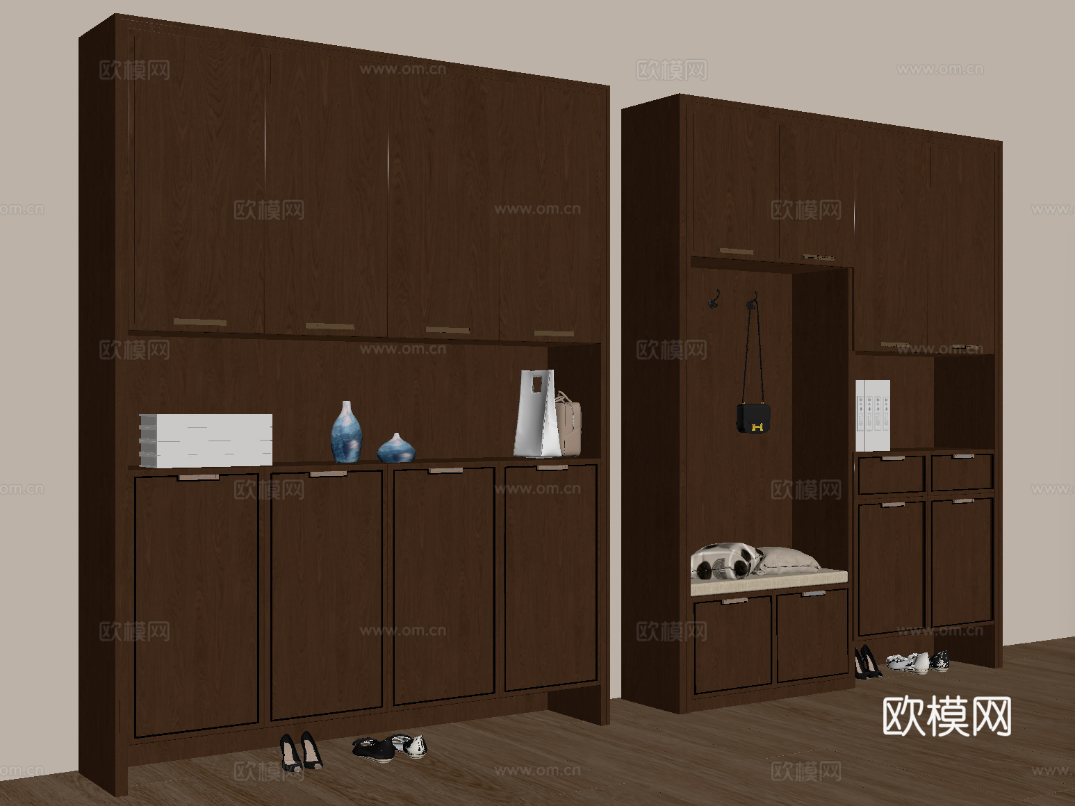 新中式玄关鞋柜 高柜 木材 换鞋凳 摆件su模型