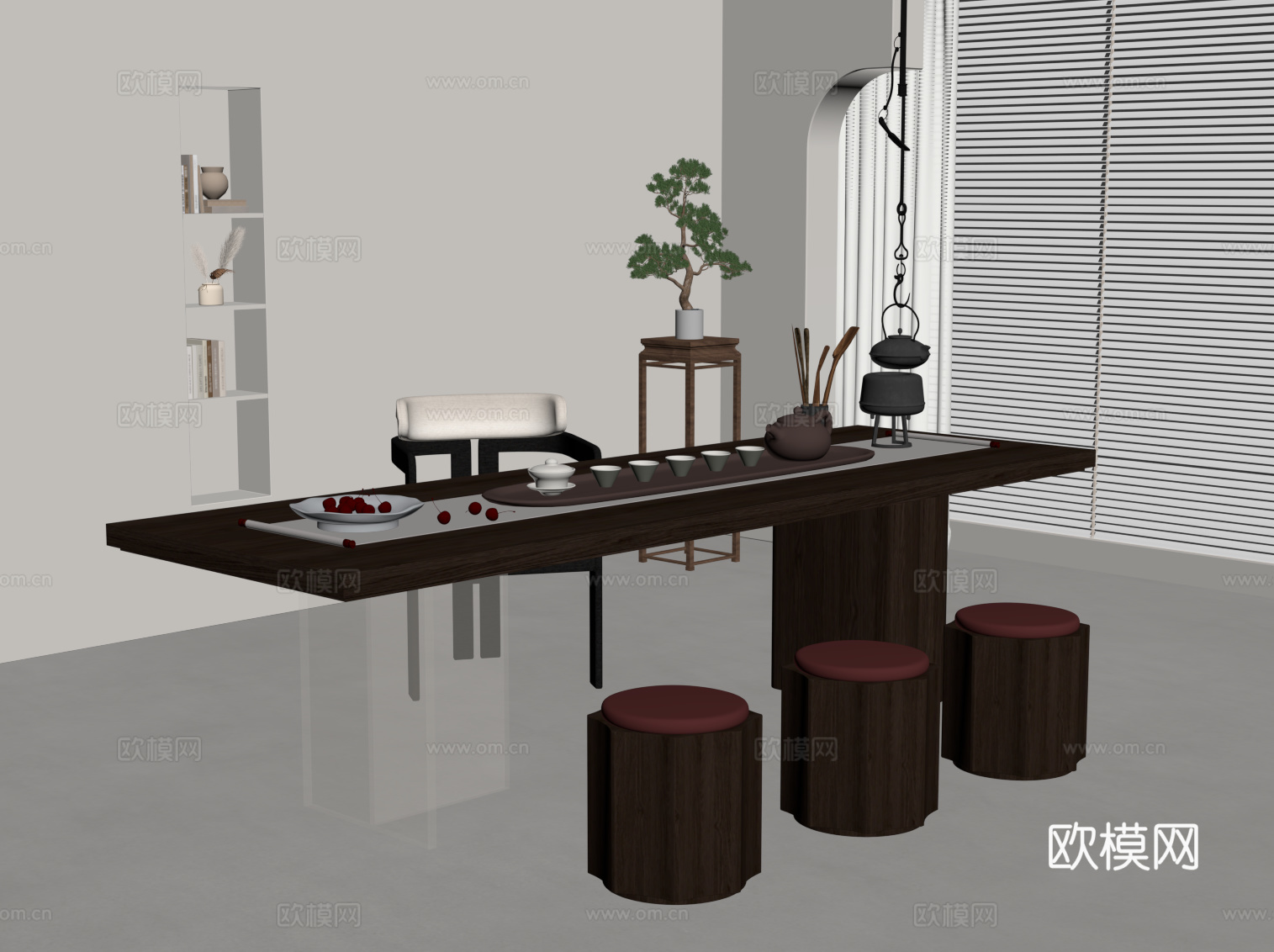 新中式茶台 茶桌椅su模型