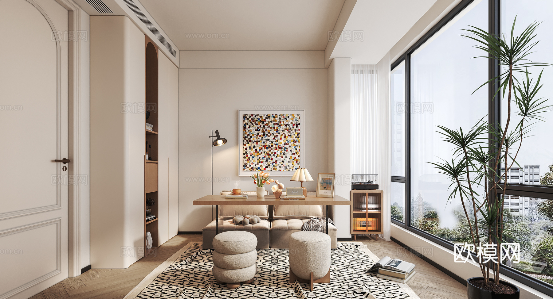 现代奶油风书房su模型