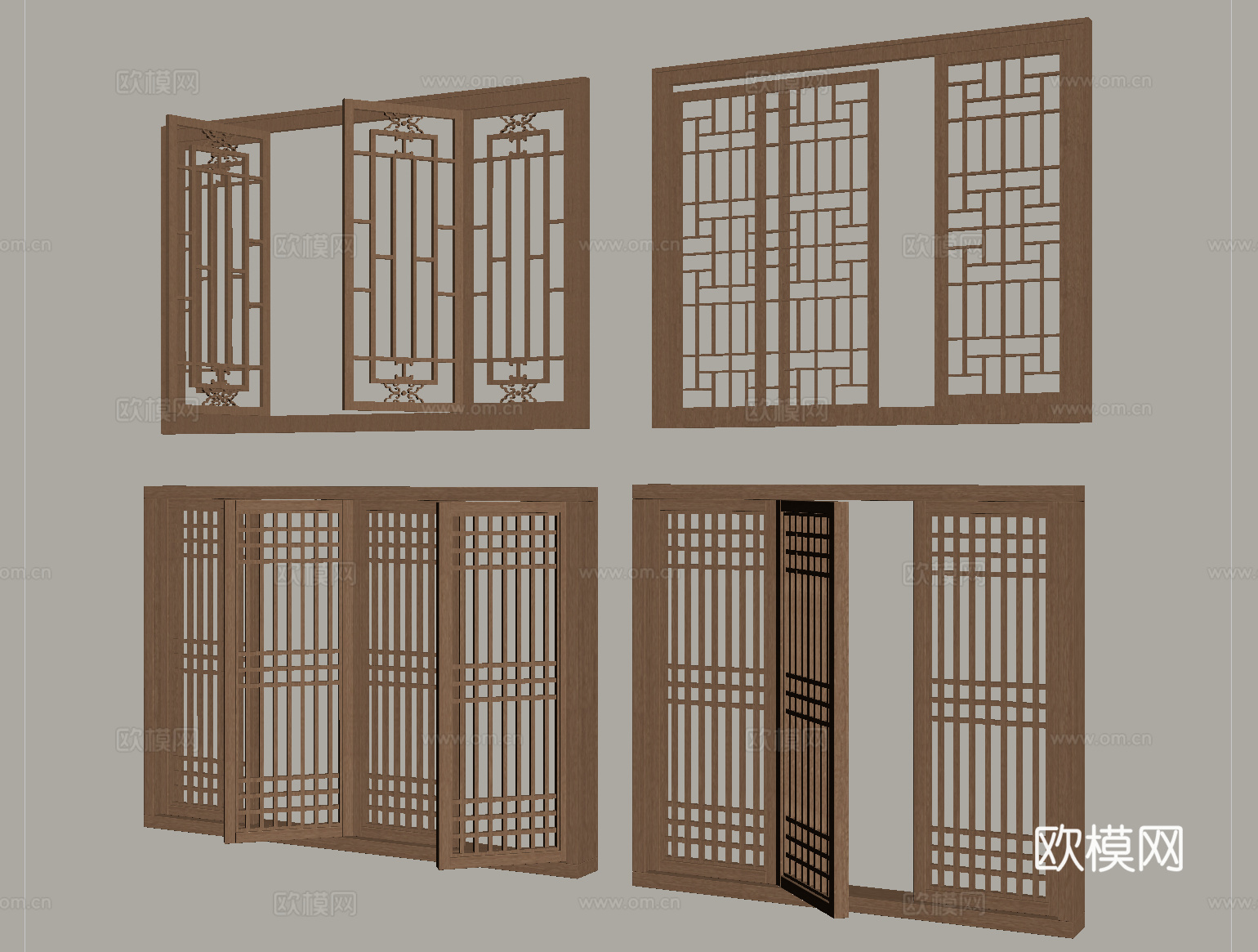 新中式镂空窗 推拉窗su模型