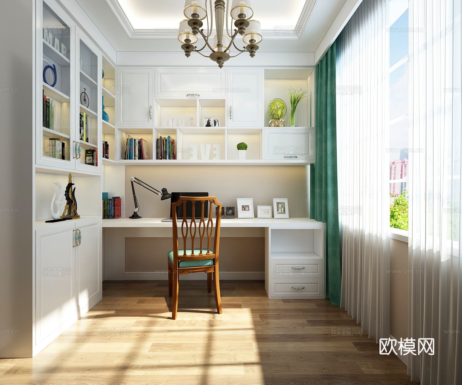 美式书房 书桌 书架 书柜3d模型下载