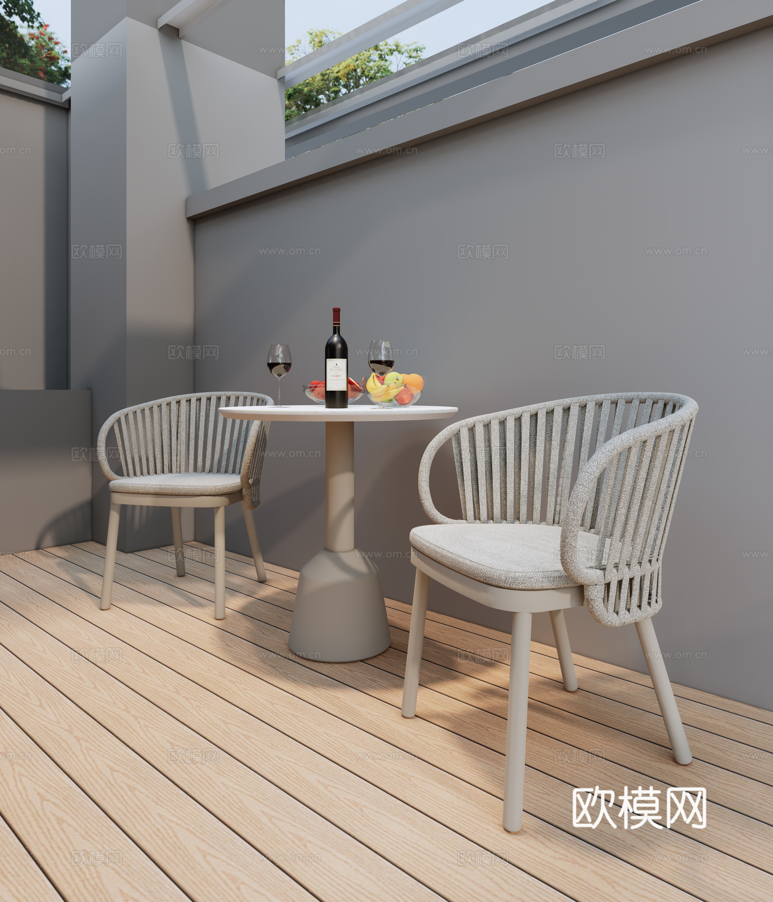 现代户外 餐桌椅 圆桌椅 一桌两椅 桌面红酒 水果摆件su模型