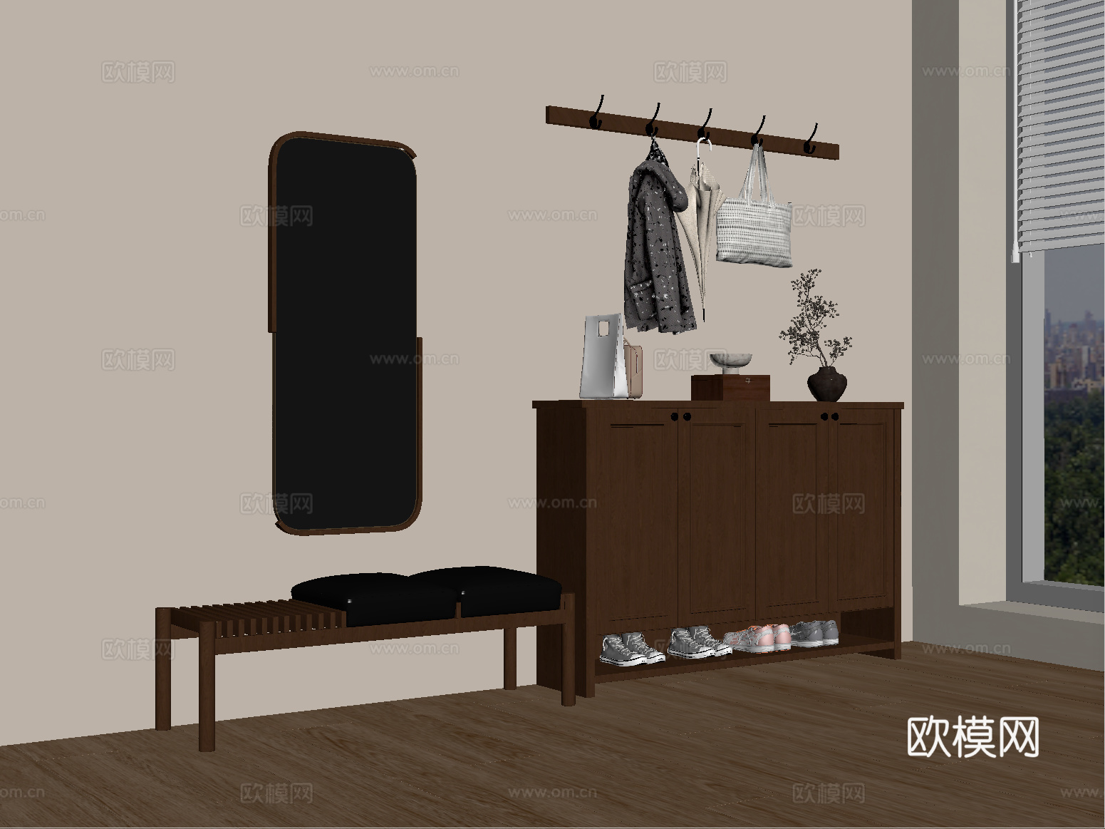 新中式玄关鞋柜 矮柜 木材 换鞋凳 摆件su模型