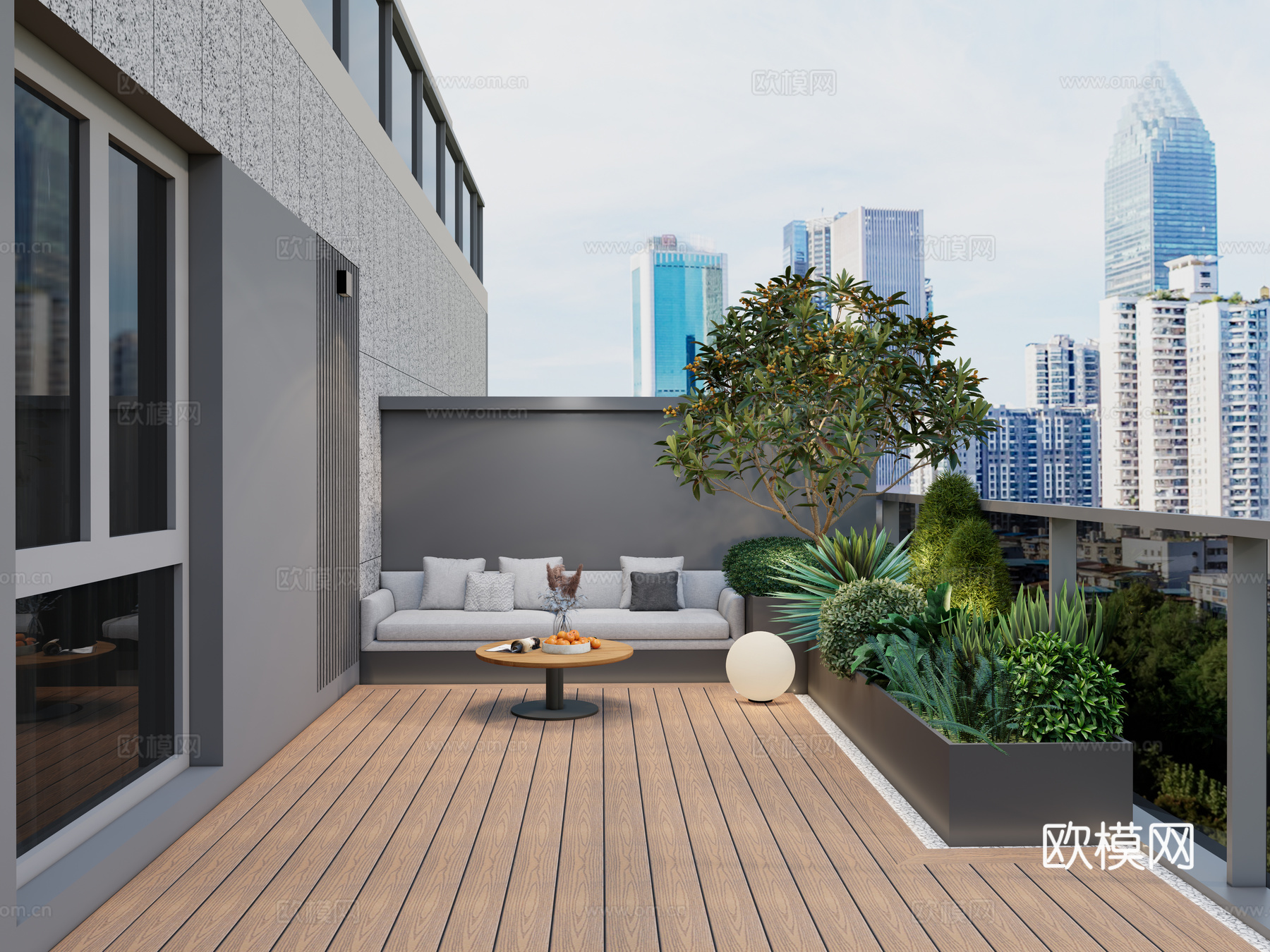 现代屋顶花园 露台 阳台 洞石餐桌椅 休闲卡座 转角金属花箱su模型