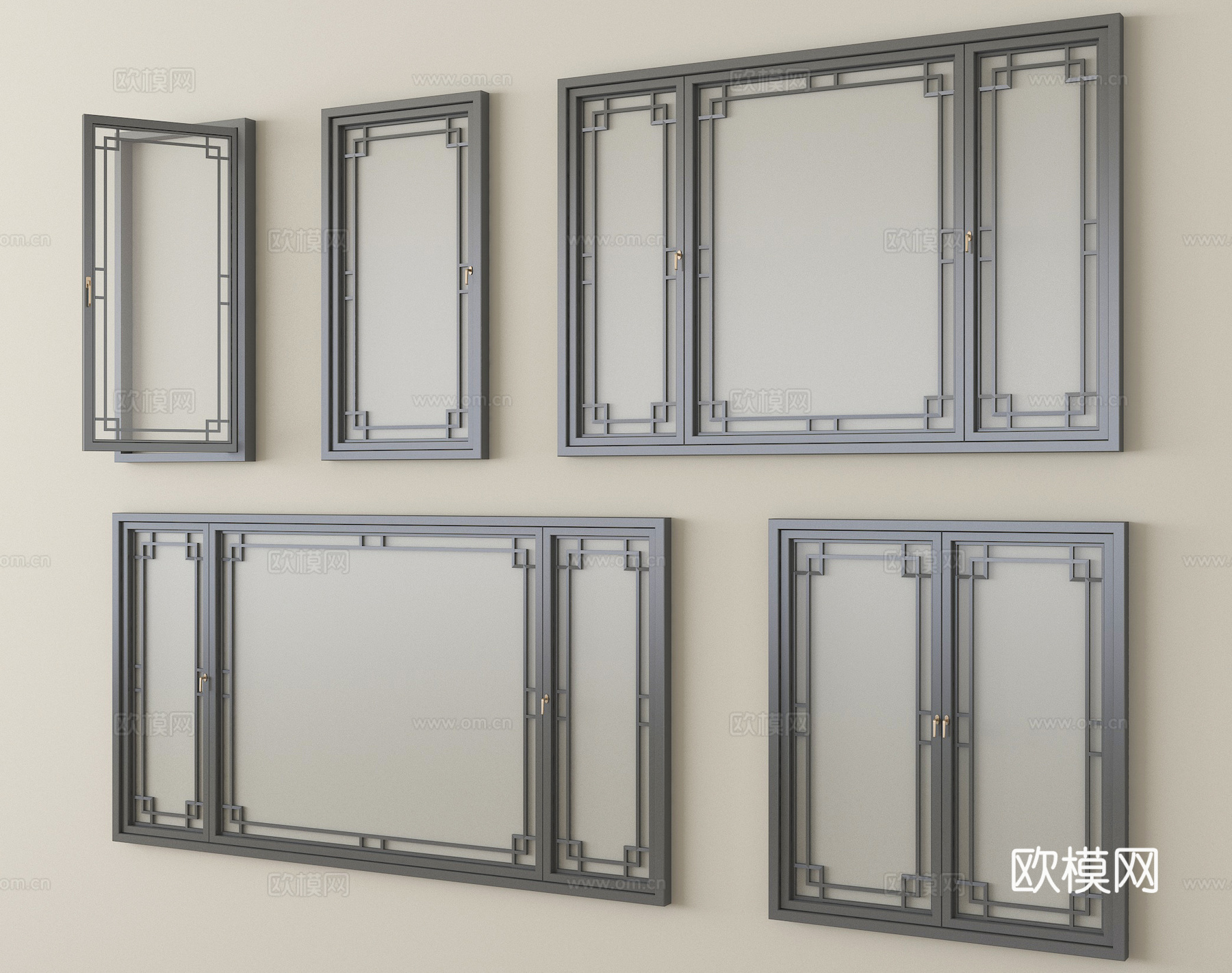 中式窗户 平开窗 落地窗 阳台窗su模型