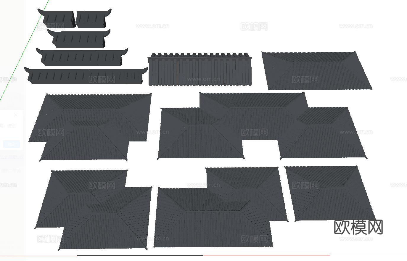 新中式屋檐_瓦片屋檐_琉璃瓦_建筑构件su模型