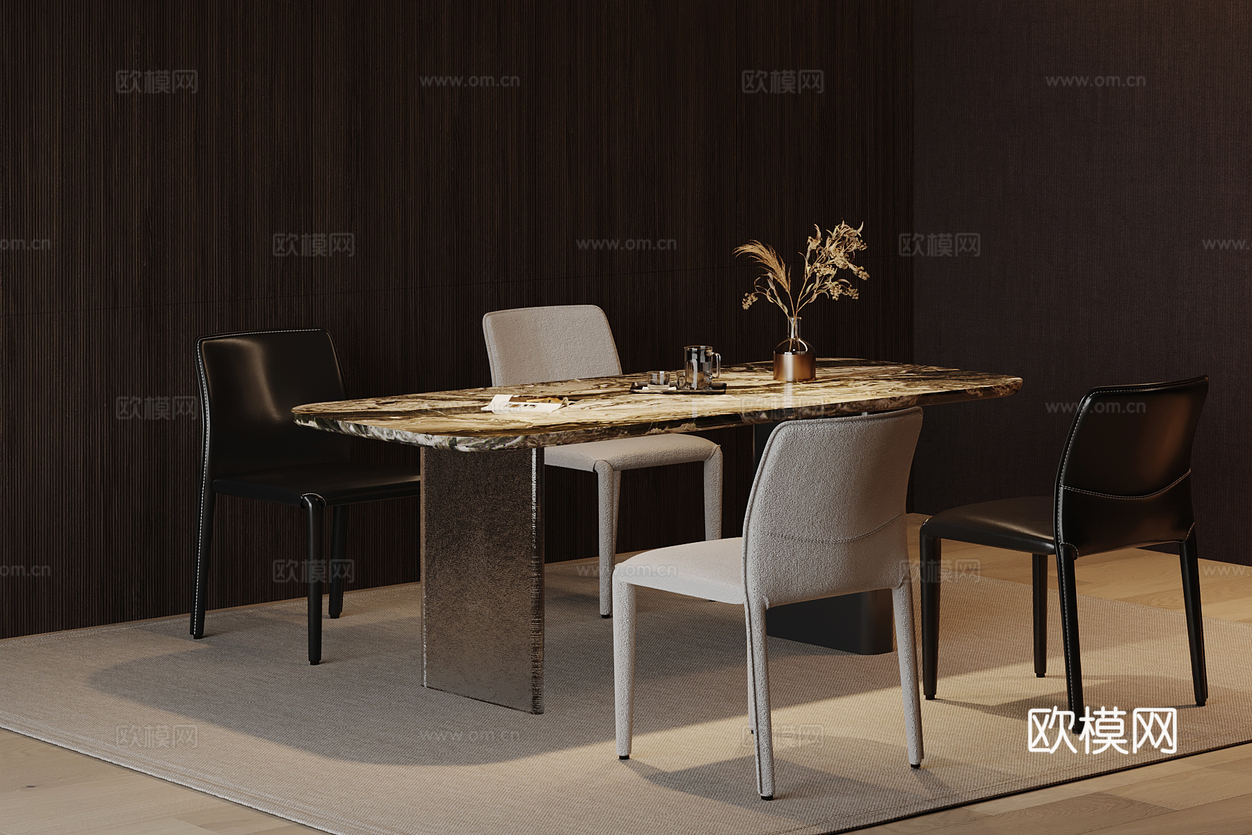 现代极简餐桌椅 多人餐桌su模型
