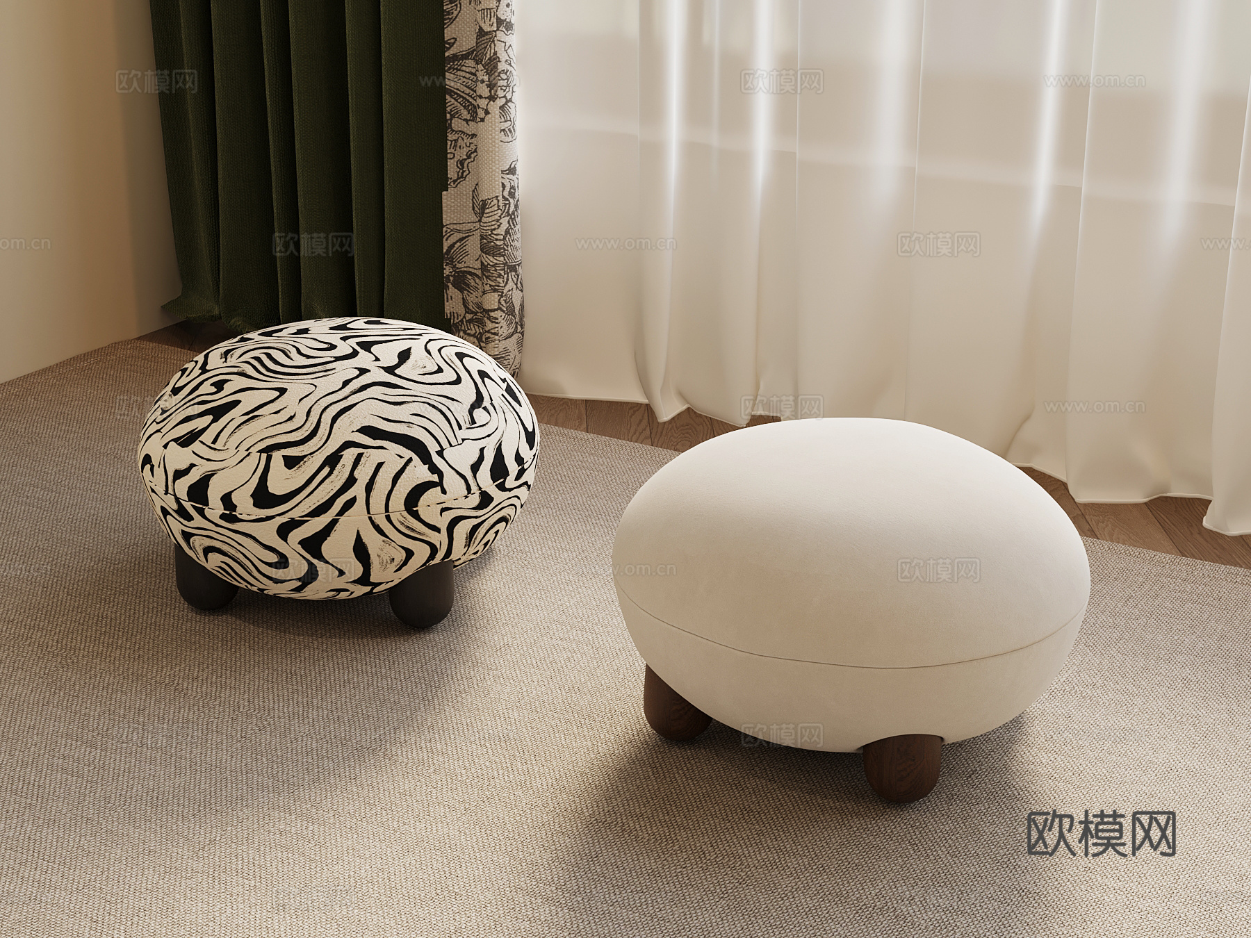 法式中古换鞋凳 沙发凳 梳妆凳 矮凳 圆凳su模型