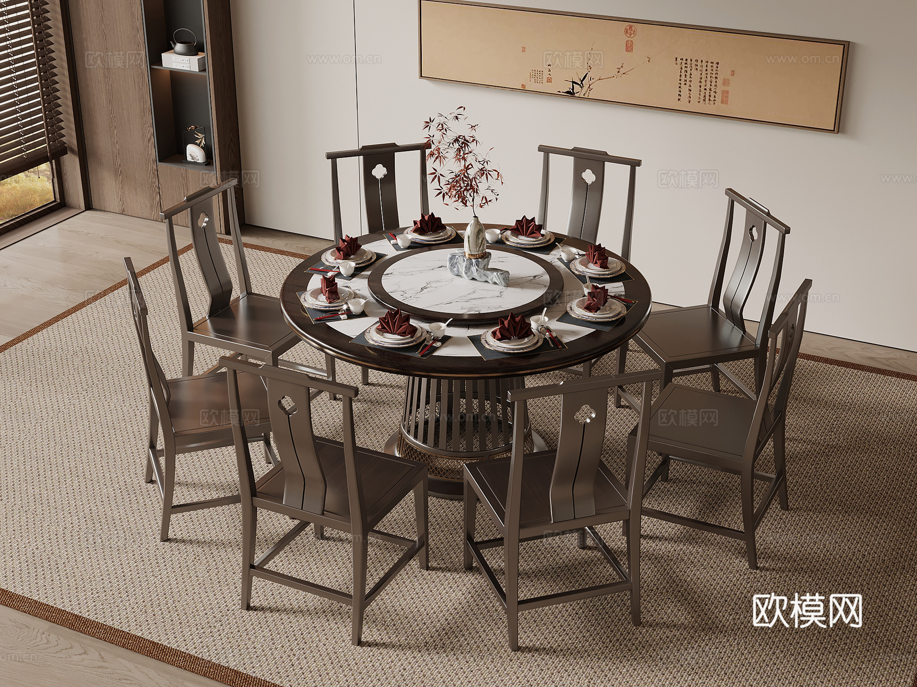 新中式圆形餐桌椅 实木餐桌椅su模型