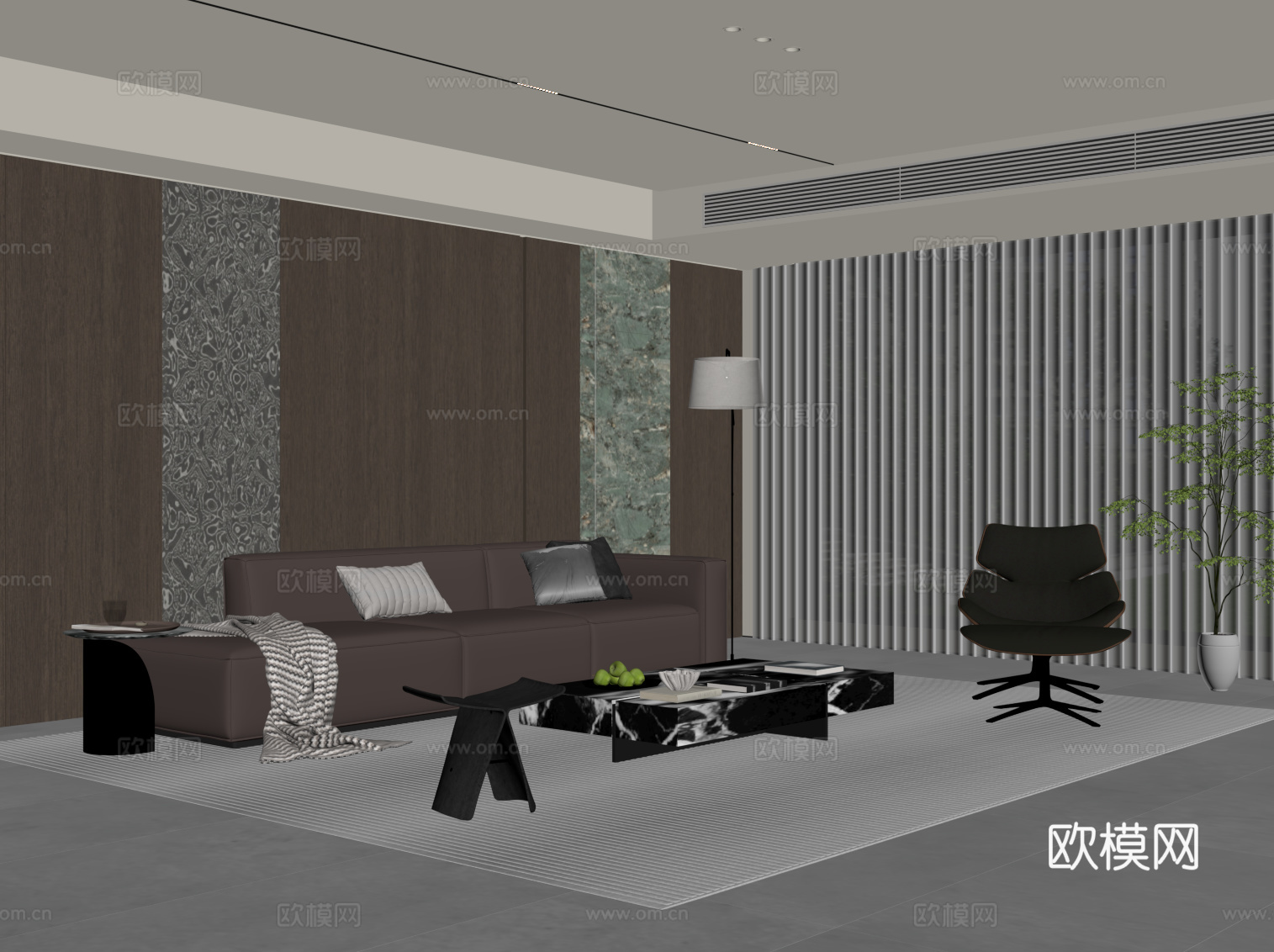 现代意式客厅 沙发背景墙 沙发茶几组合su模型