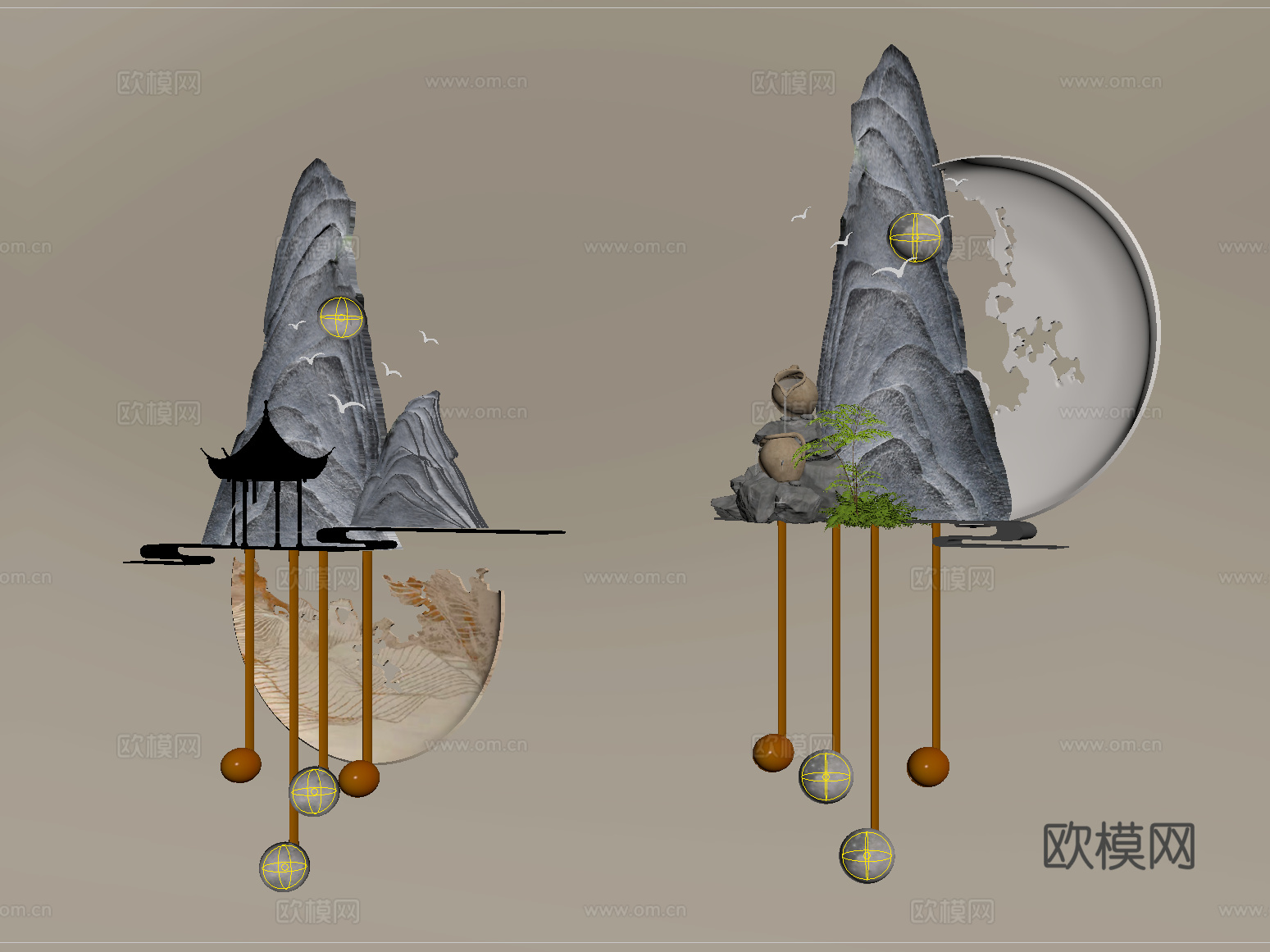 新中式墙饰挂件 立体墙饰su模型