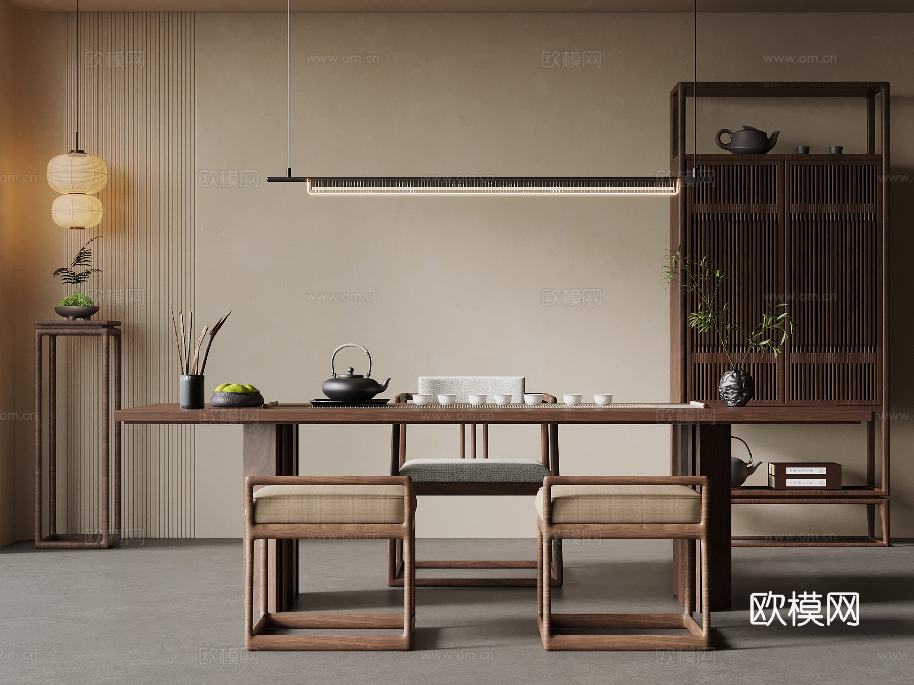 新中式茶室 茶桌椅 博古架su模型