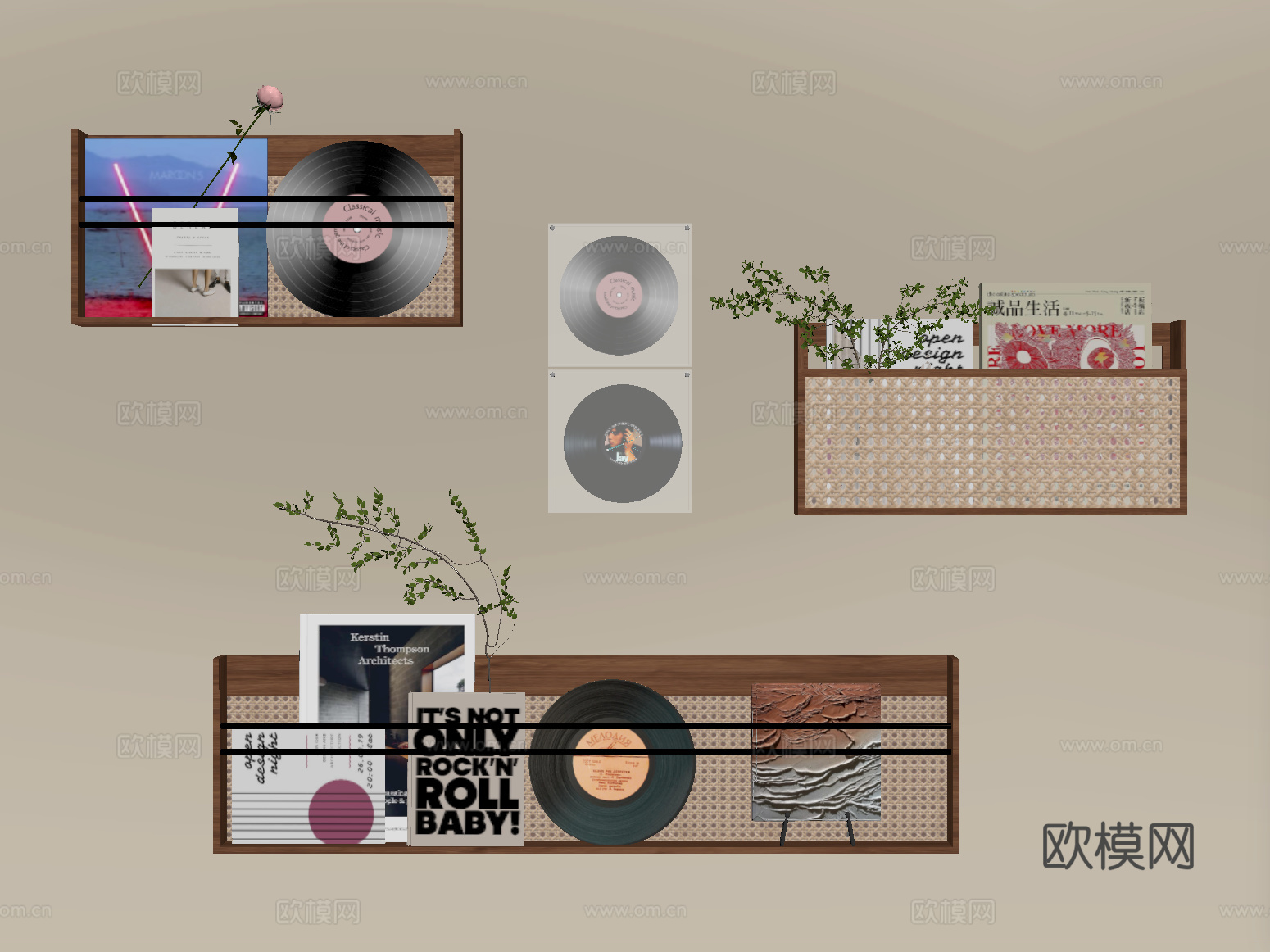 现代置物架 墙饰 黑胶唱片摆件su模型