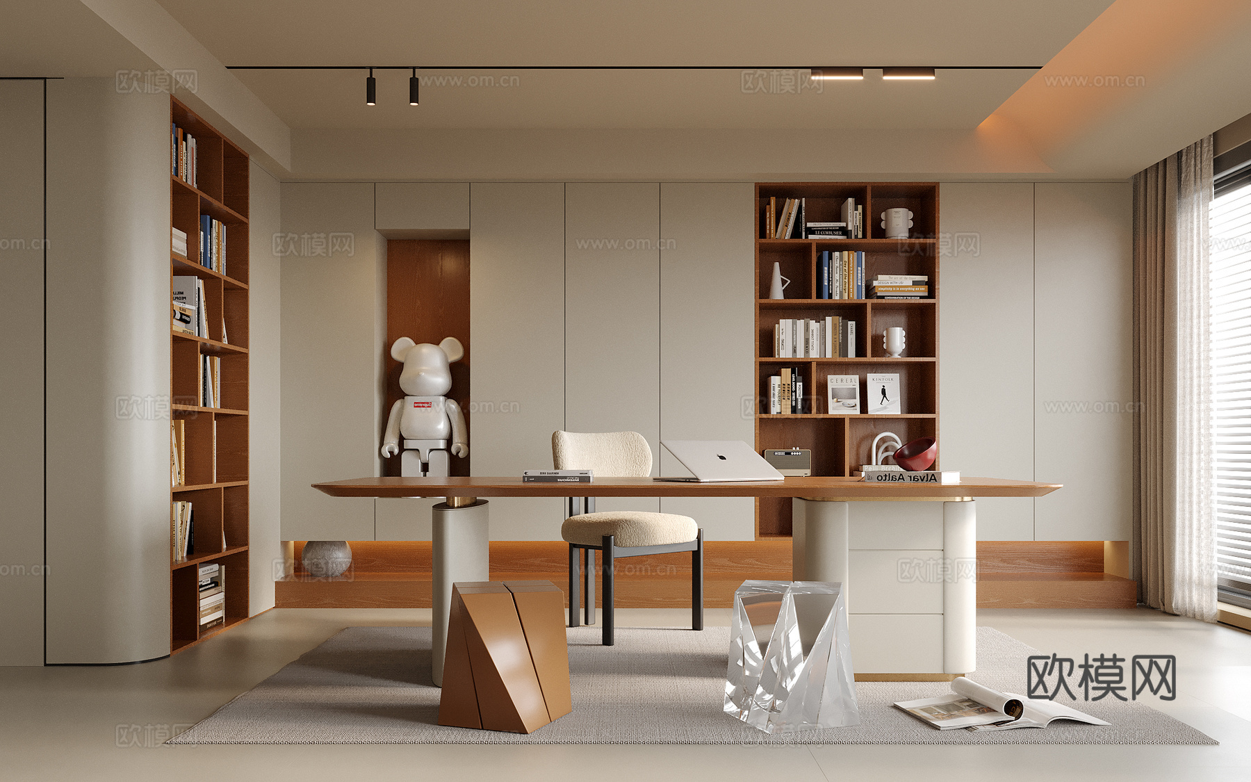 现代书房 书桌椅 书柜 凳子su模型