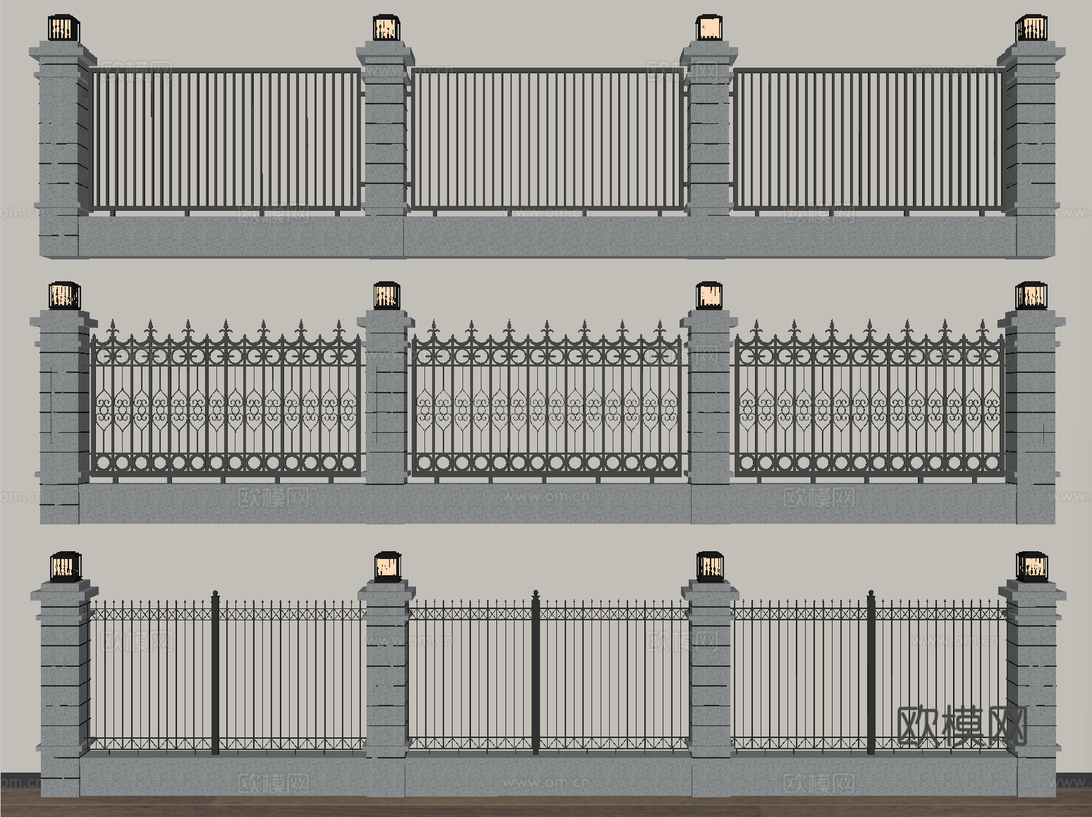 现代围墙 围墙护栏 铁艺 小区围墙su模型