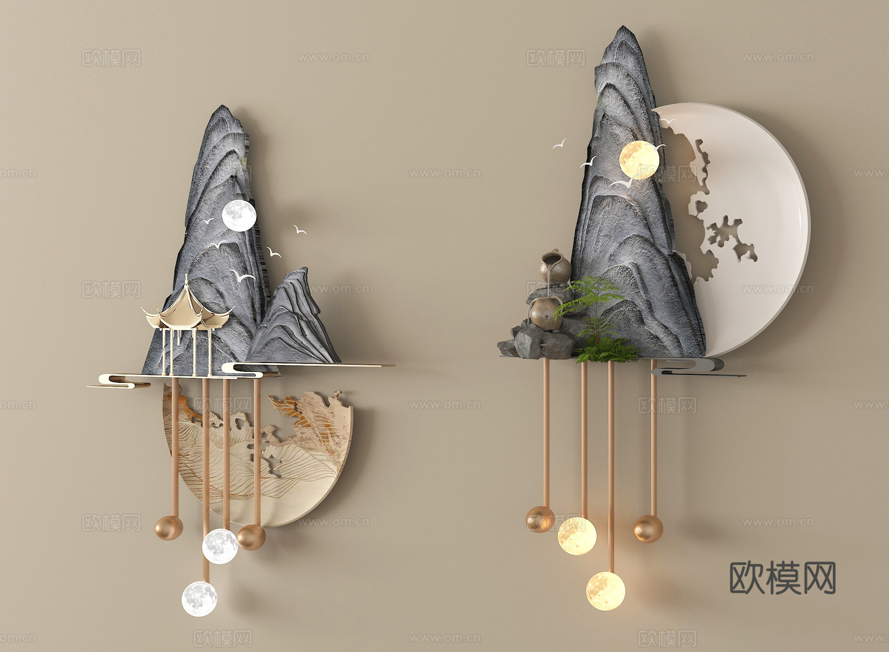 新中式墙饰挂件 立体墙饰su模型