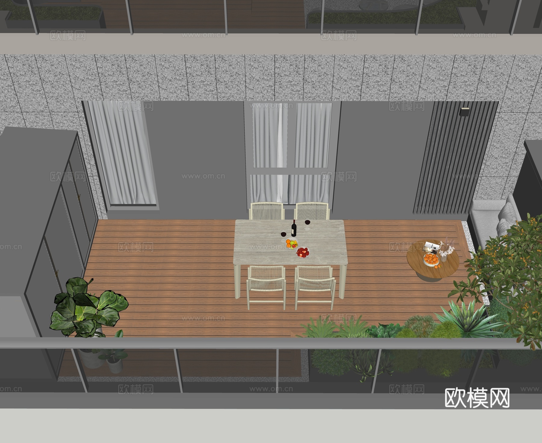 现代屋顶花园 露台 阳台 洞石餐桌椅 休闲卡座 转角金属花箱su模型