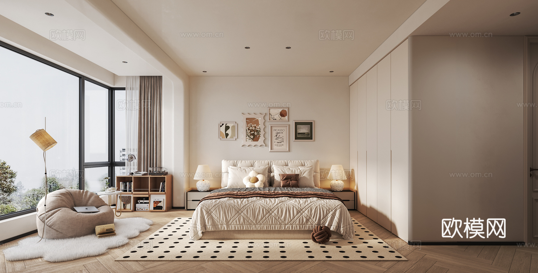 现代奶油风卧室su模型