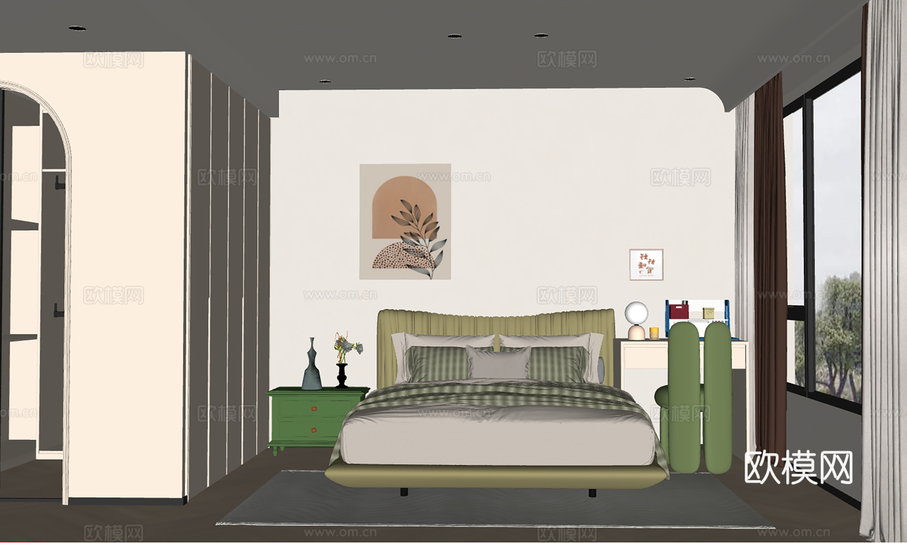 现代奶油风卧室su模型
