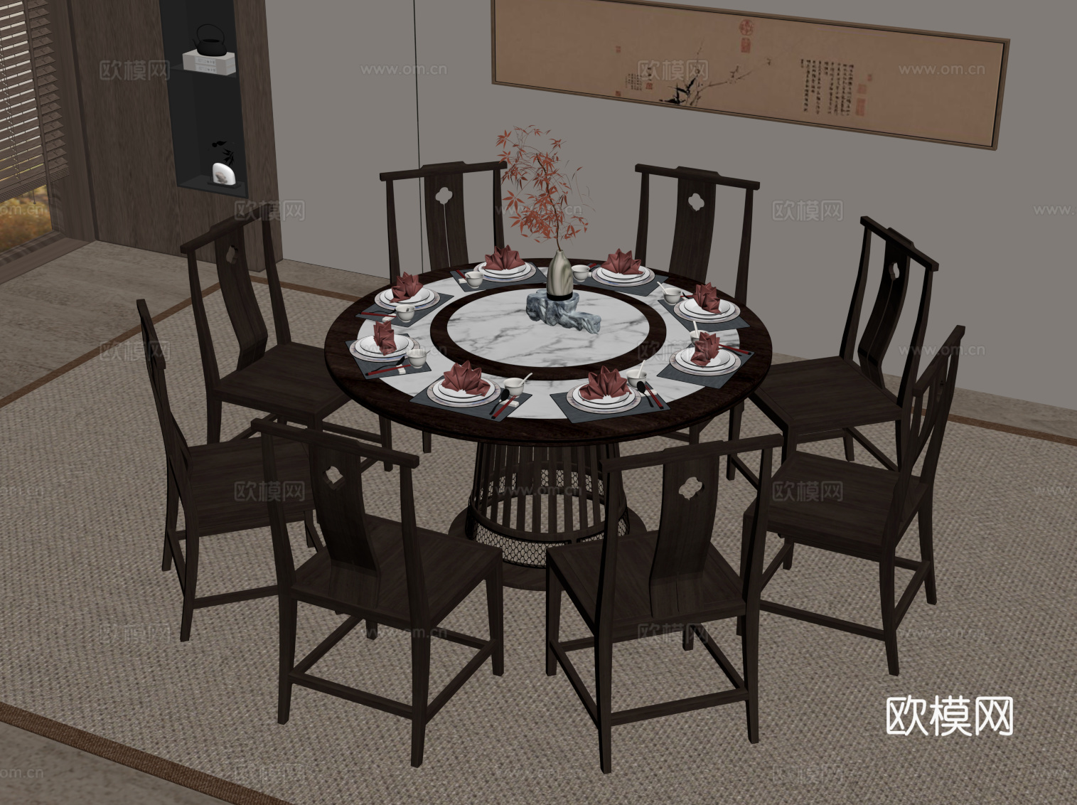新中式圆形餐桌椅 实木餐桌椅su模型