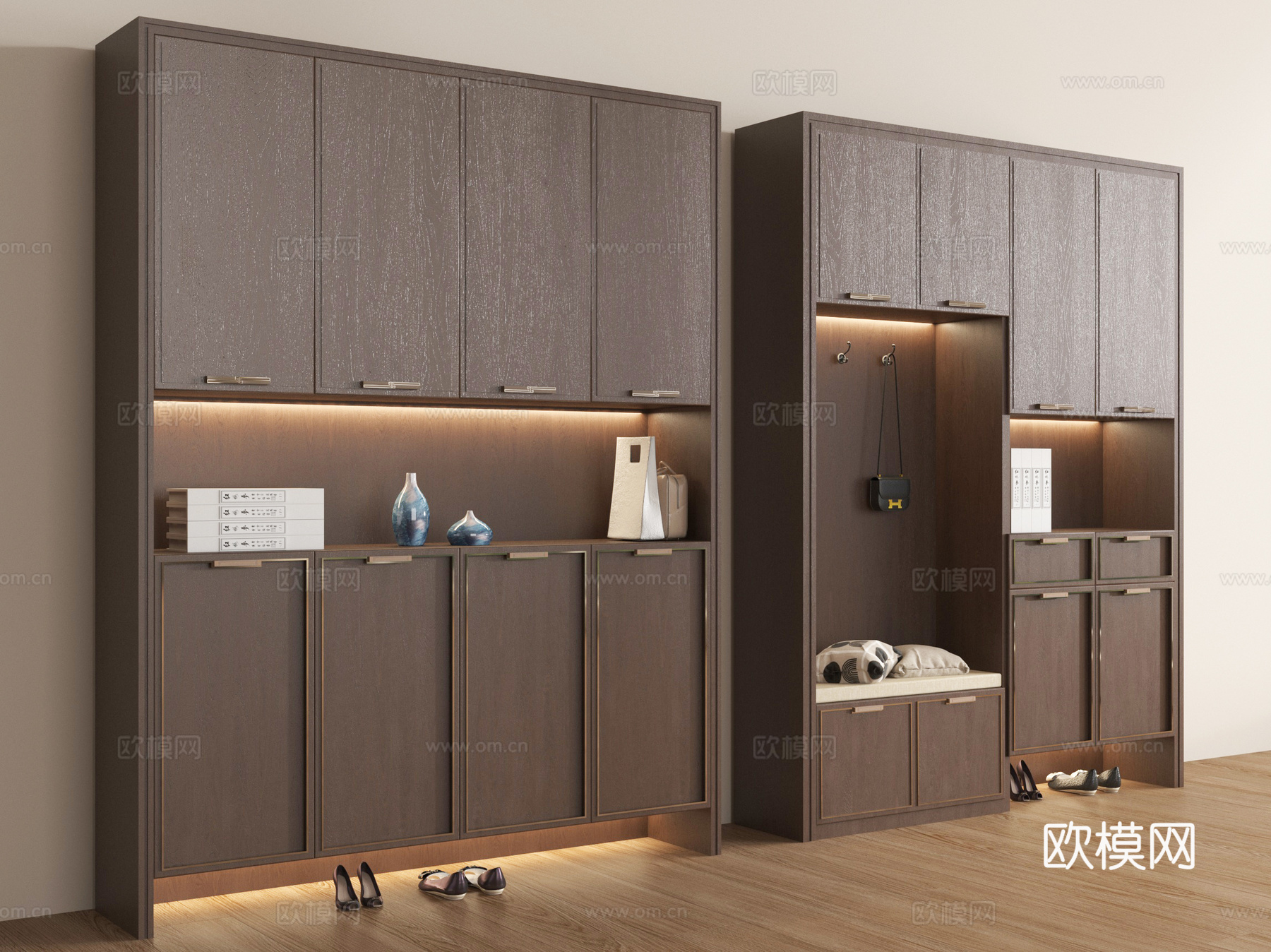 新中式玄关鞋柜 高柜 木材 换鞋凳 摆件su模型