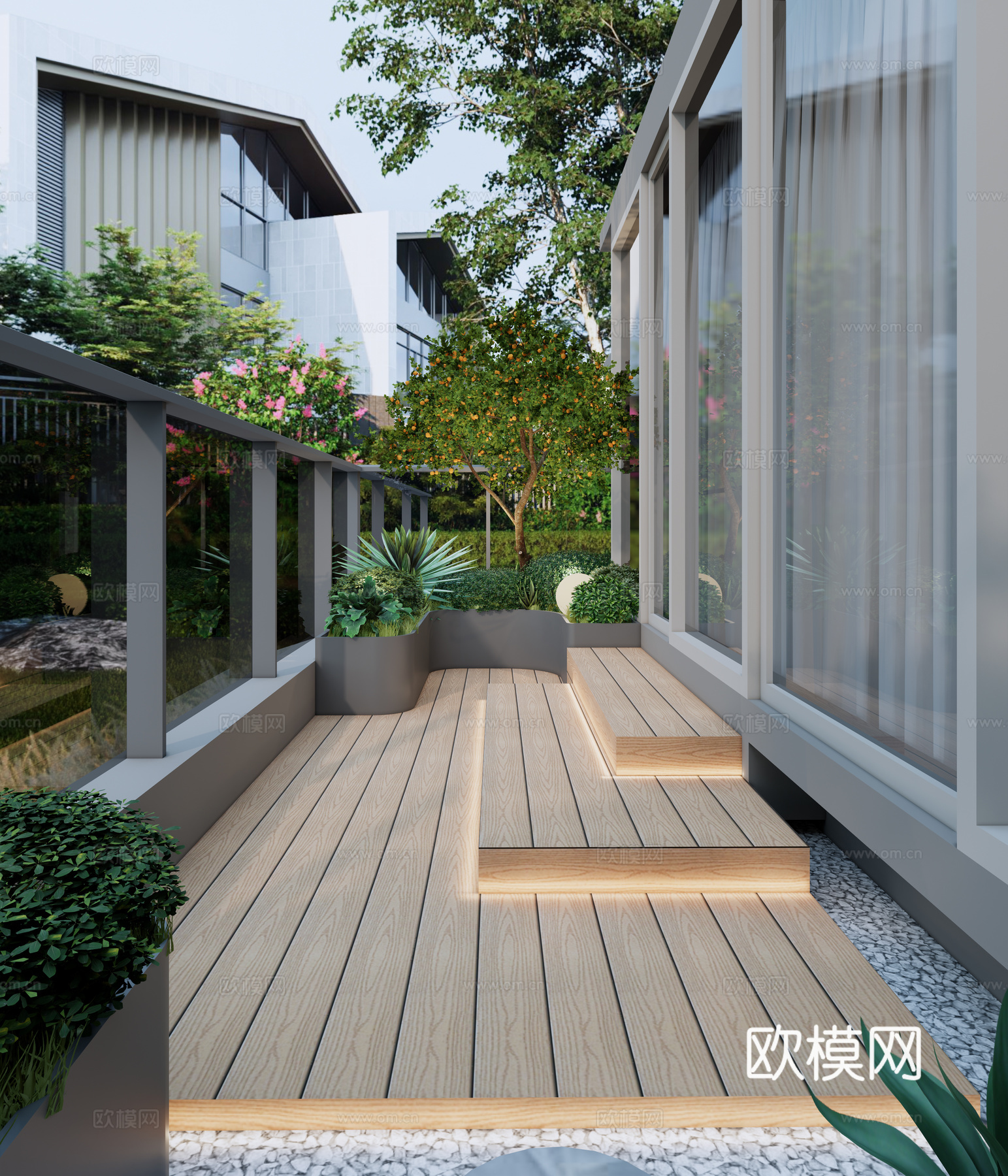 现代露台 屋顶花园 异形花箱 南法花园植物种植 防腐木台阶踏su模型