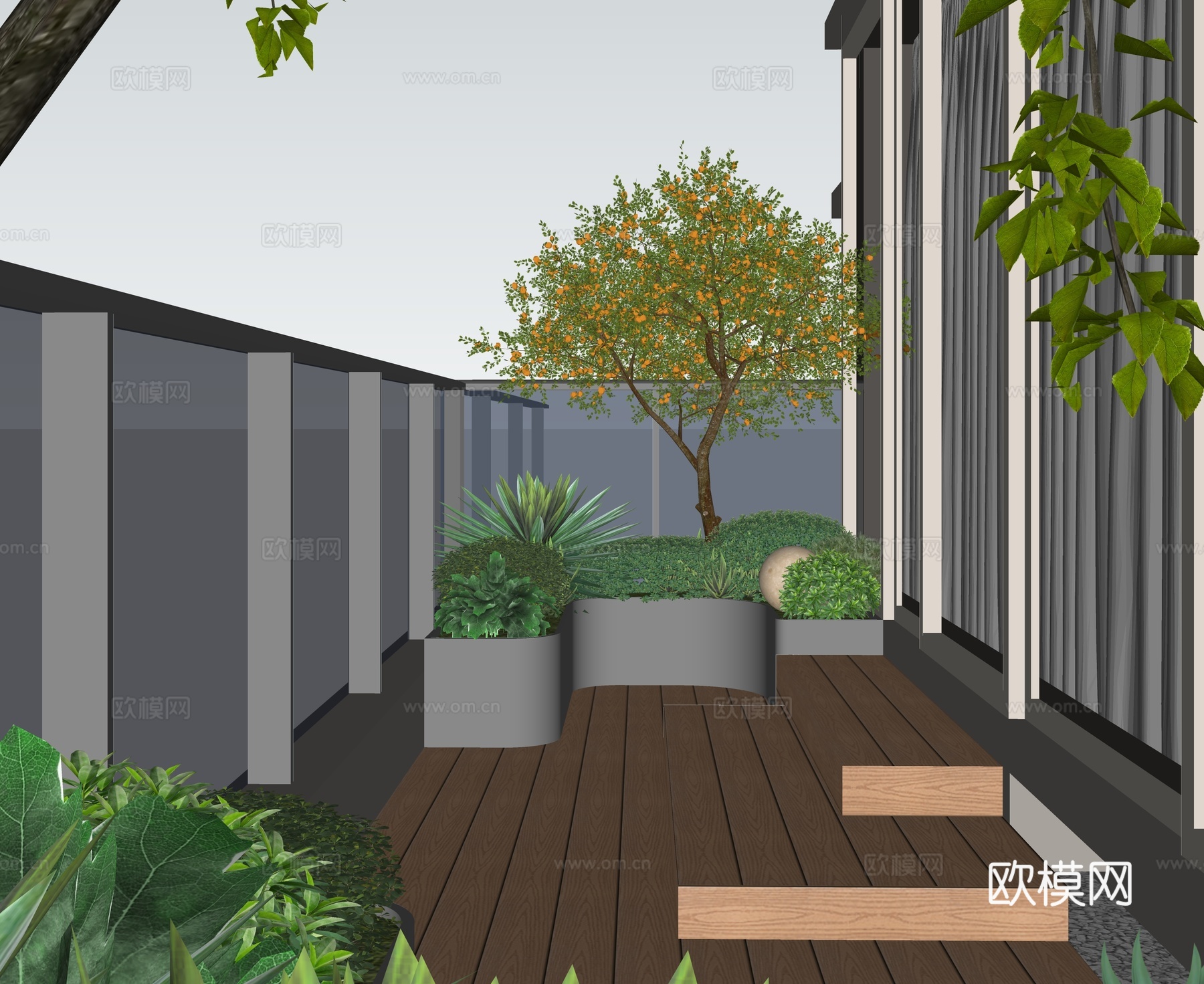 现代露台 屋顶花园 异形花箱 南法花园植物种植 防腐木台阶踏su模型