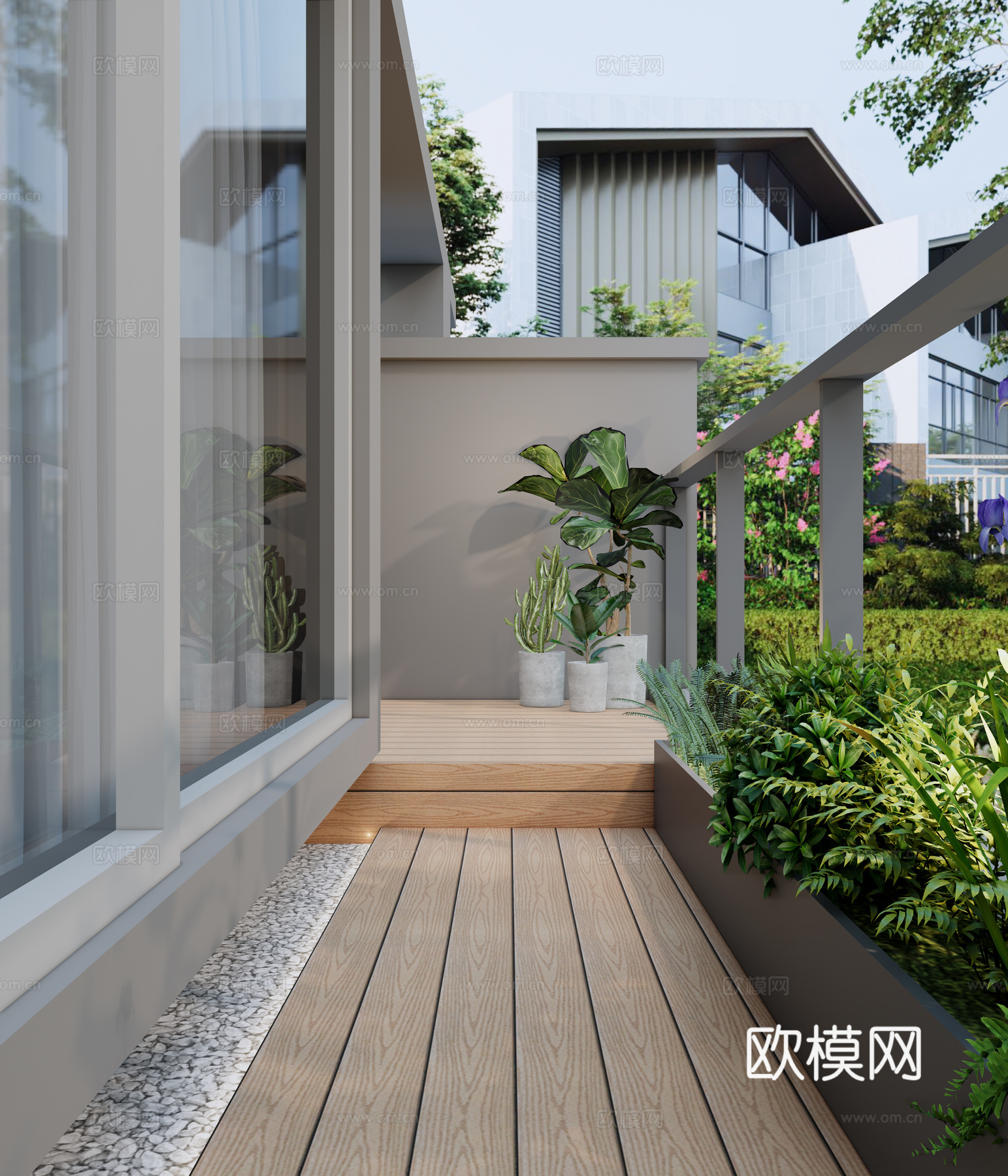 现代露台 屋顶花园 异形花箱 南法花园植物种植 防腐木台阶踏su模型