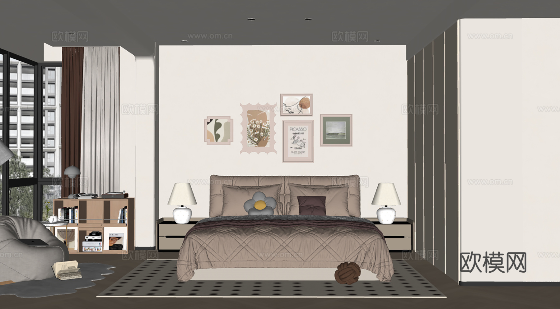 现代奶油风卧室su模型