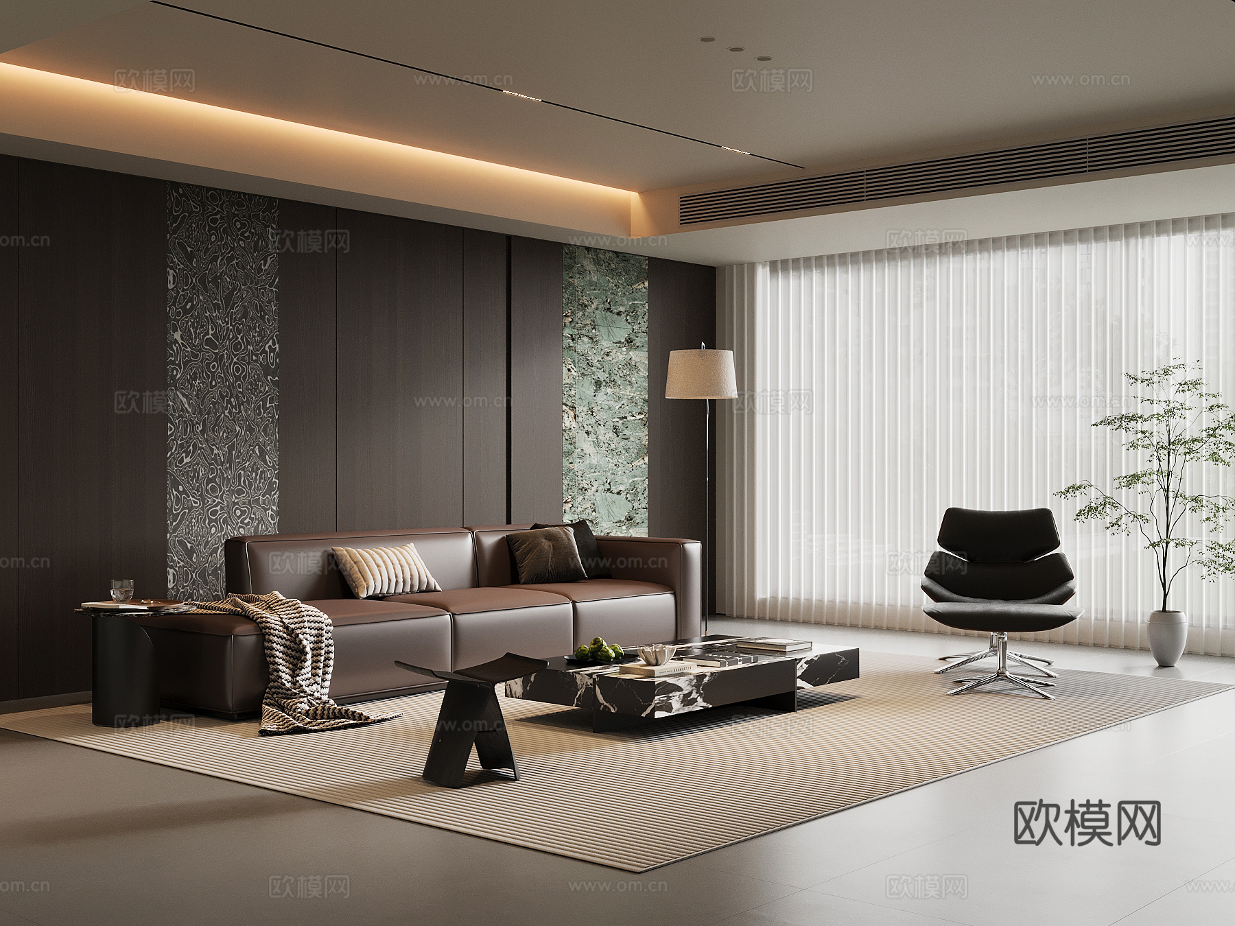 现代意式客厅 沙发背景墙 沙发茶几组合su模型