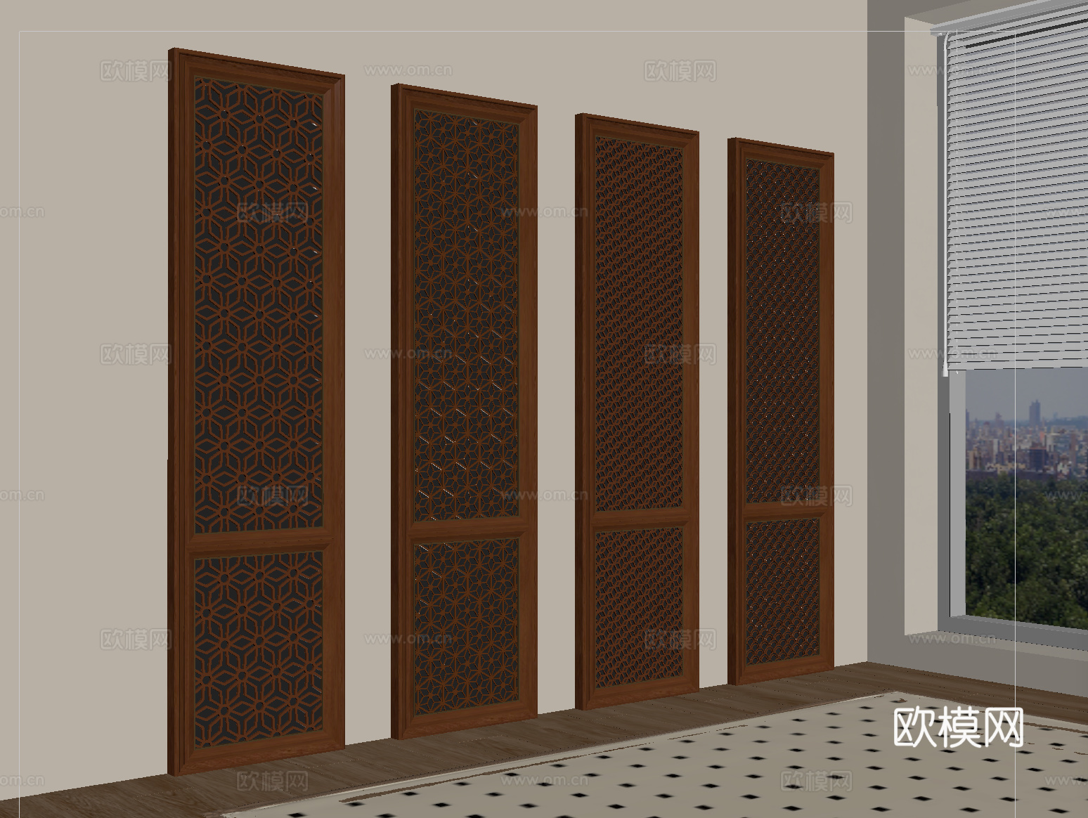 新中式护墙板 屏风隔断 花格隔断su模型
