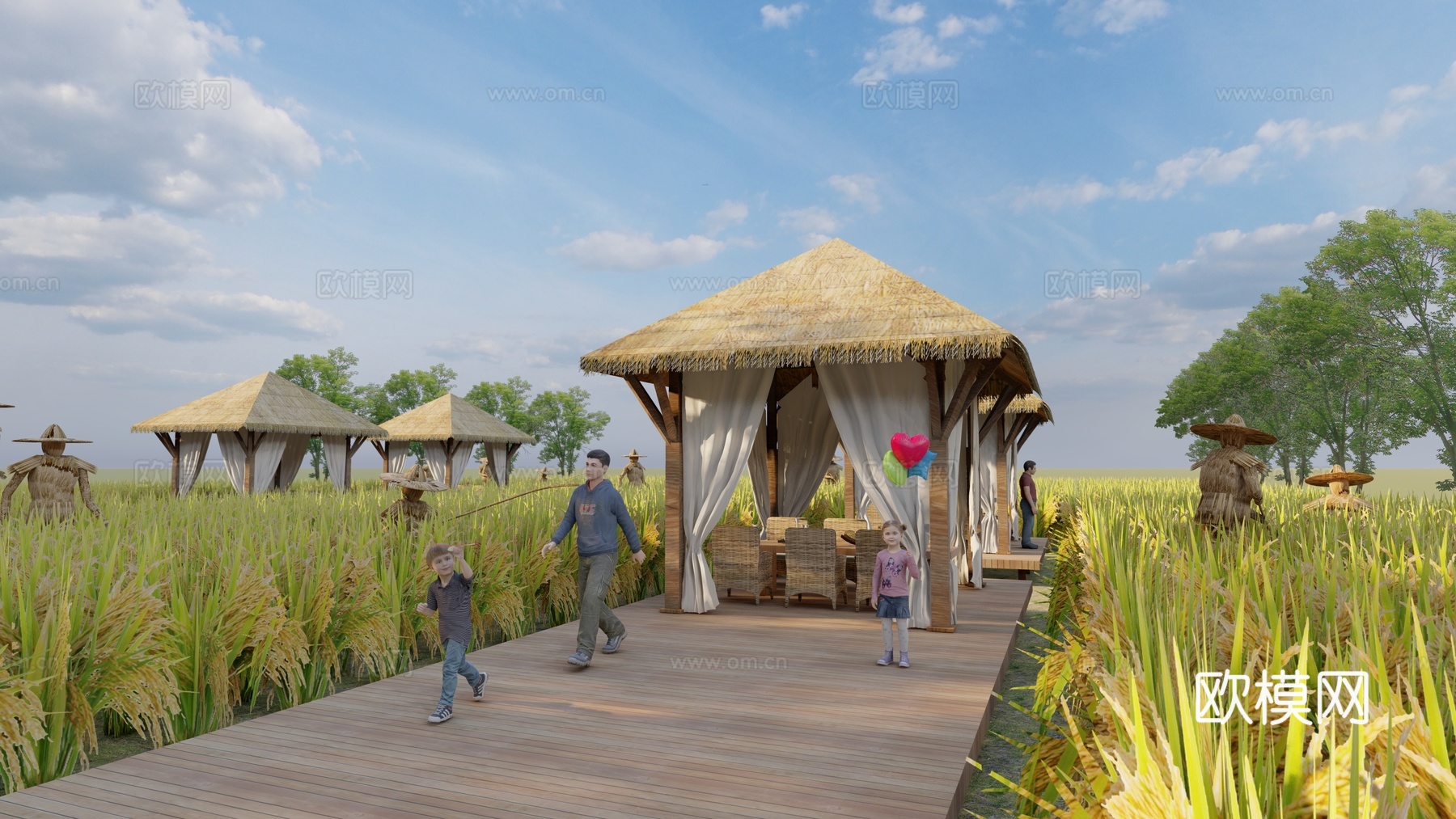 乡村稻田栈道su模型