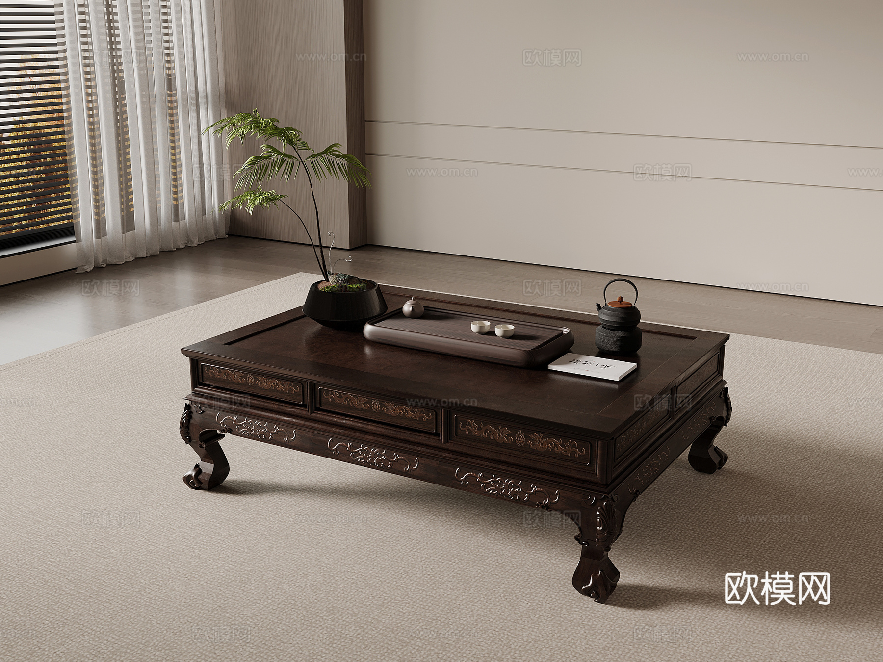 新中式实木茶几 方形茶几su模型
