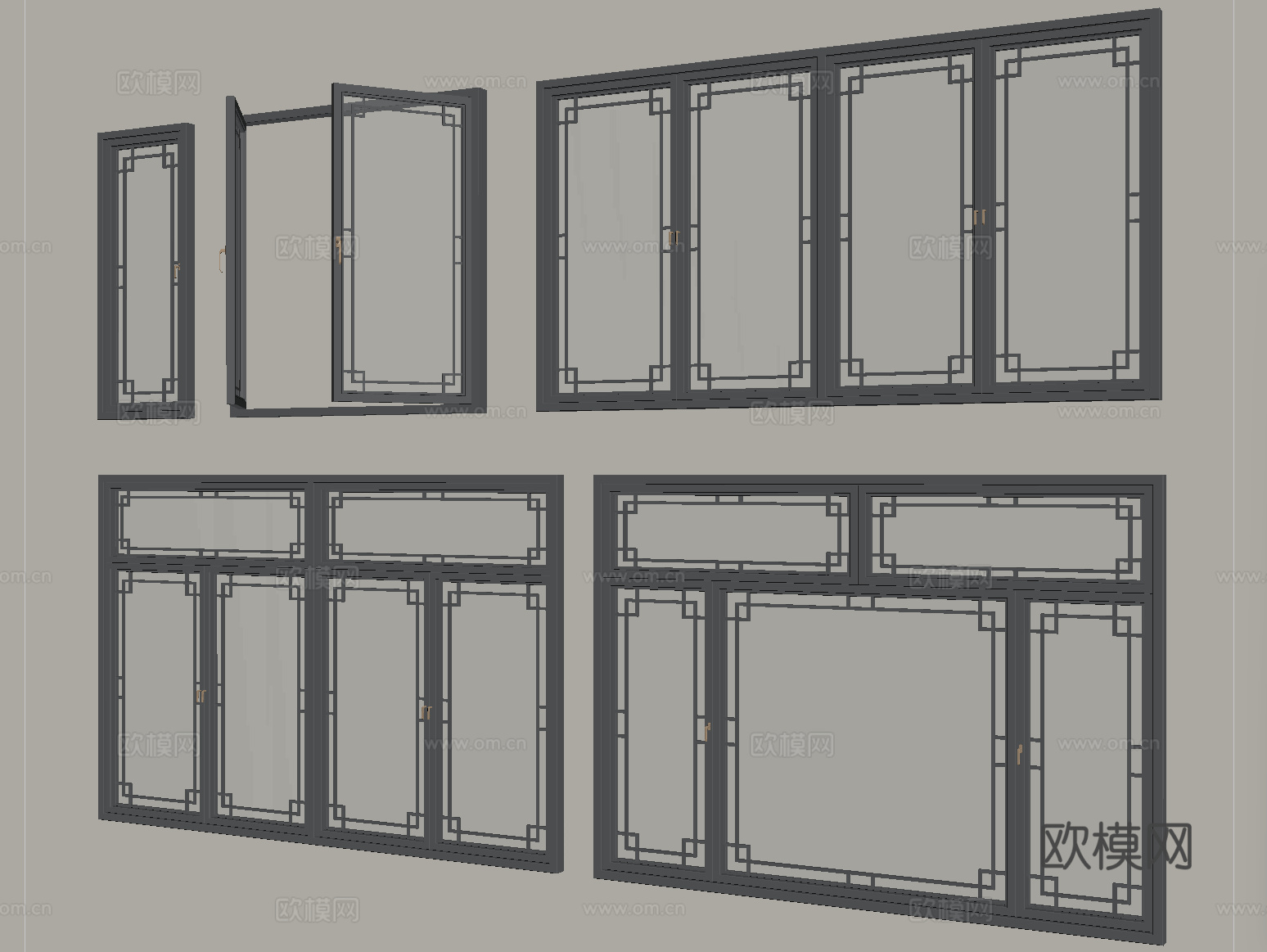 中式窗户 平开窗 落地窗 阳台窗su模型
