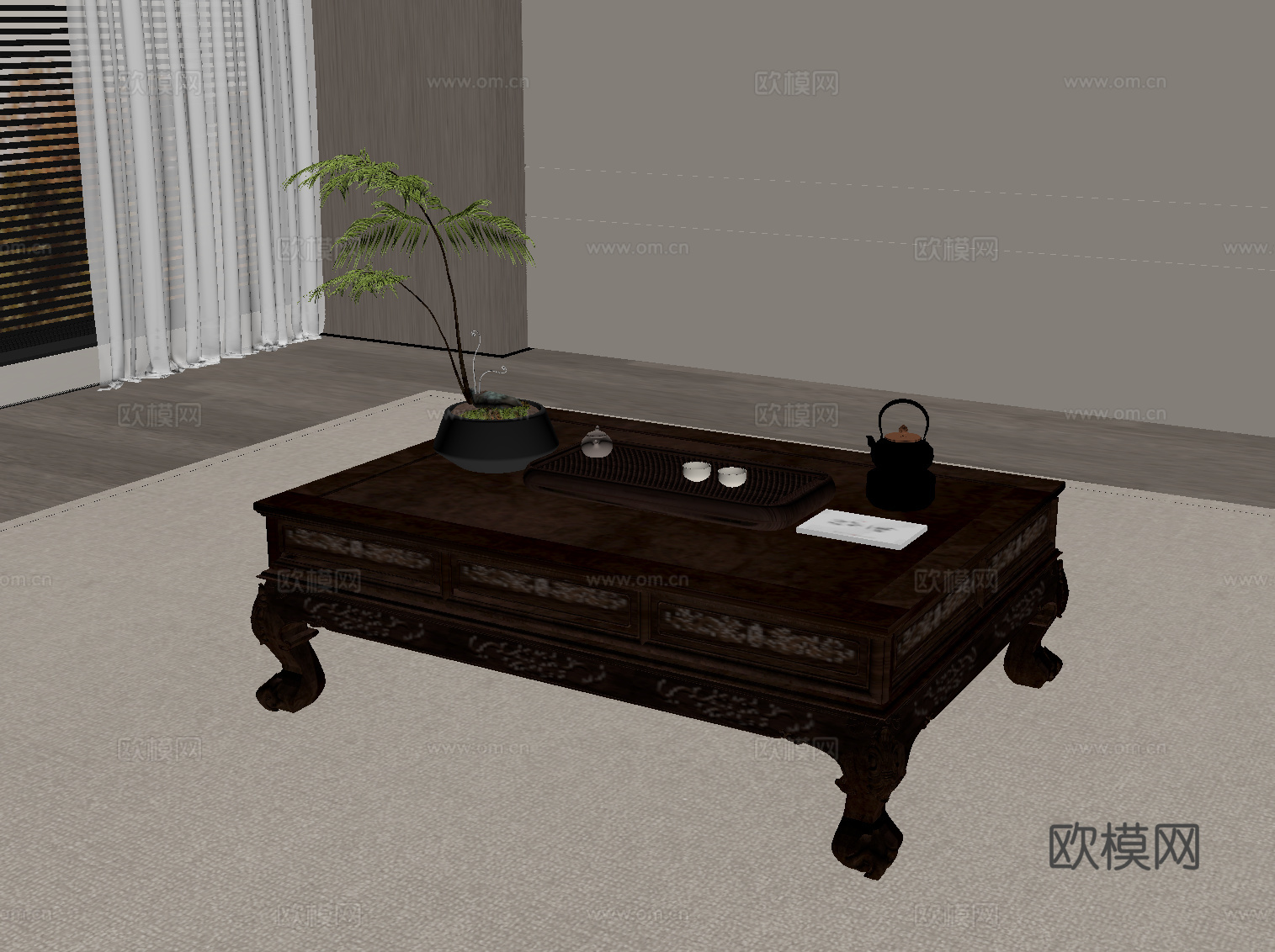 新中式实木茶几 方形茶几su模型