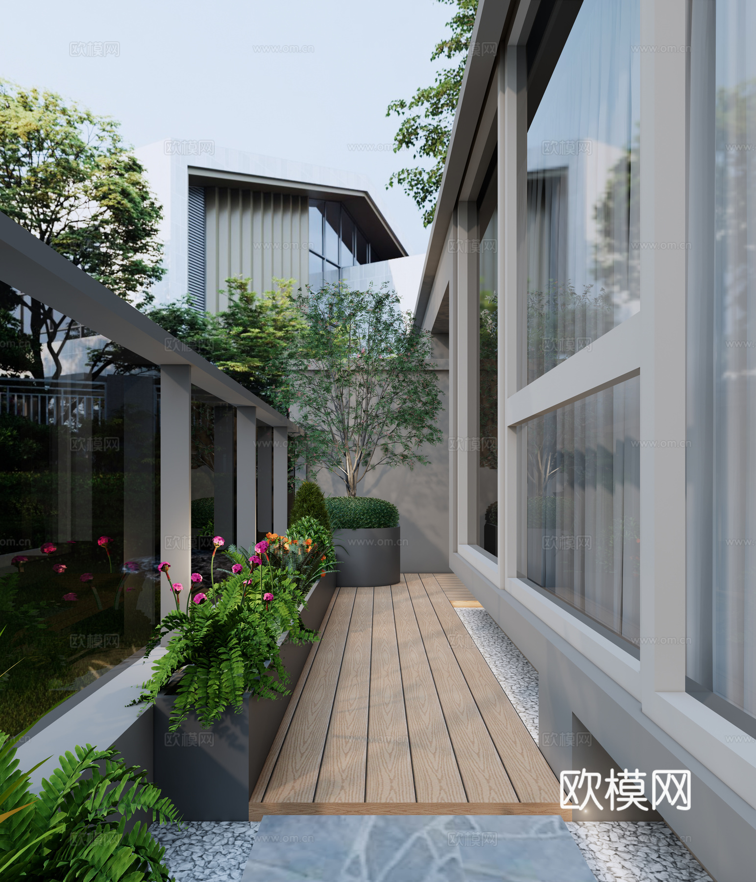 现代露台 屋顶花园 异形花箱 南法花园植物种植 防腐木台阶踏su模型