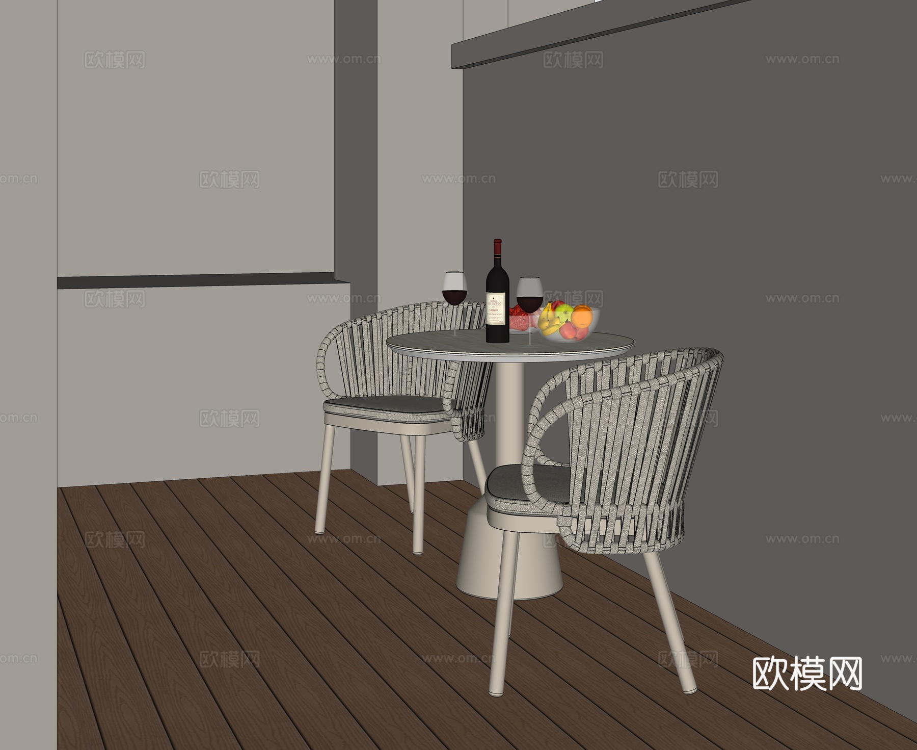 现代户外 餐桌椅 圆桌椅 一桌两椅 桌面红酒 水果摆件su模型
