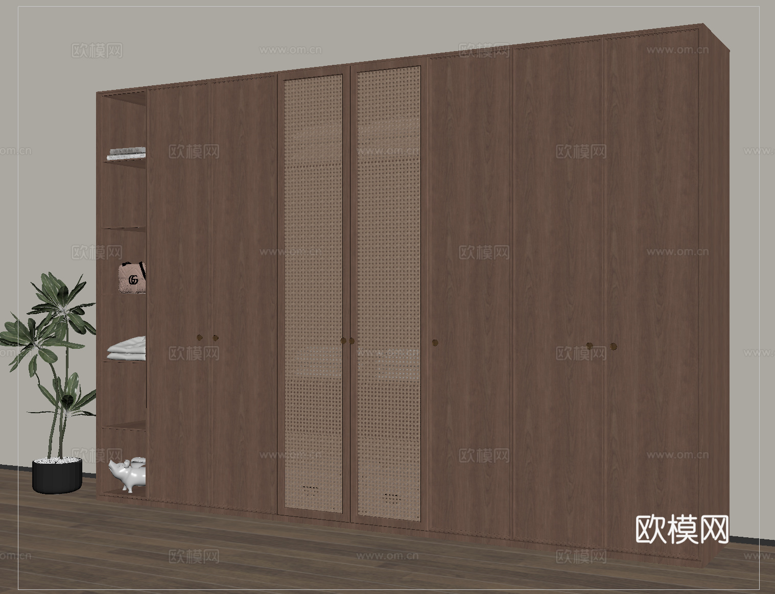 中古风衣柜 藤编衣柜 木材 高柜su模型