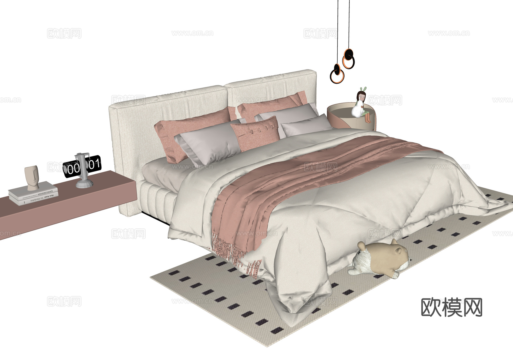 现代单人床 地毯su模型