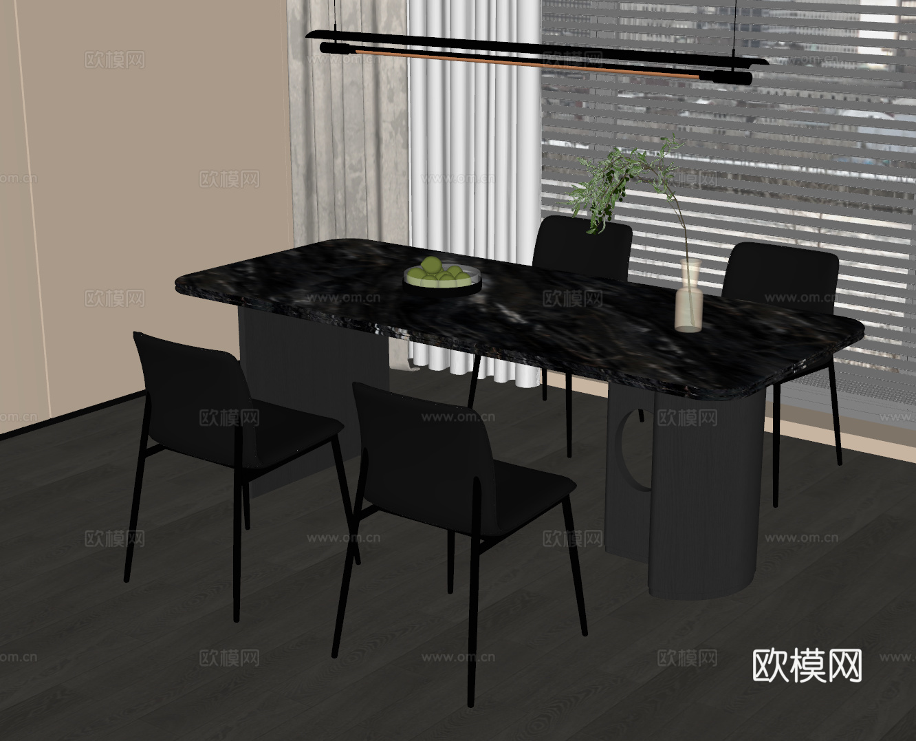 现代意式餐桌椅 大理石餐桌椅 吊灯su模型