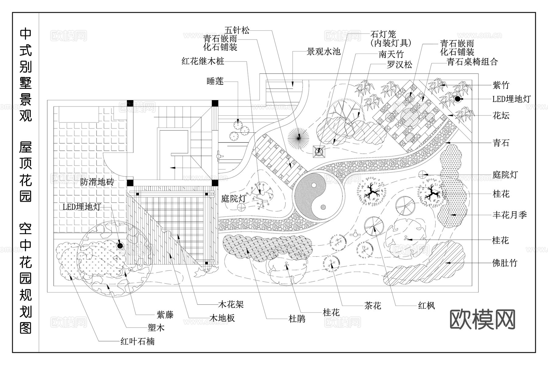 中式空中花园  屋顶花园 园林绿化 植物组合布局图cad施工图